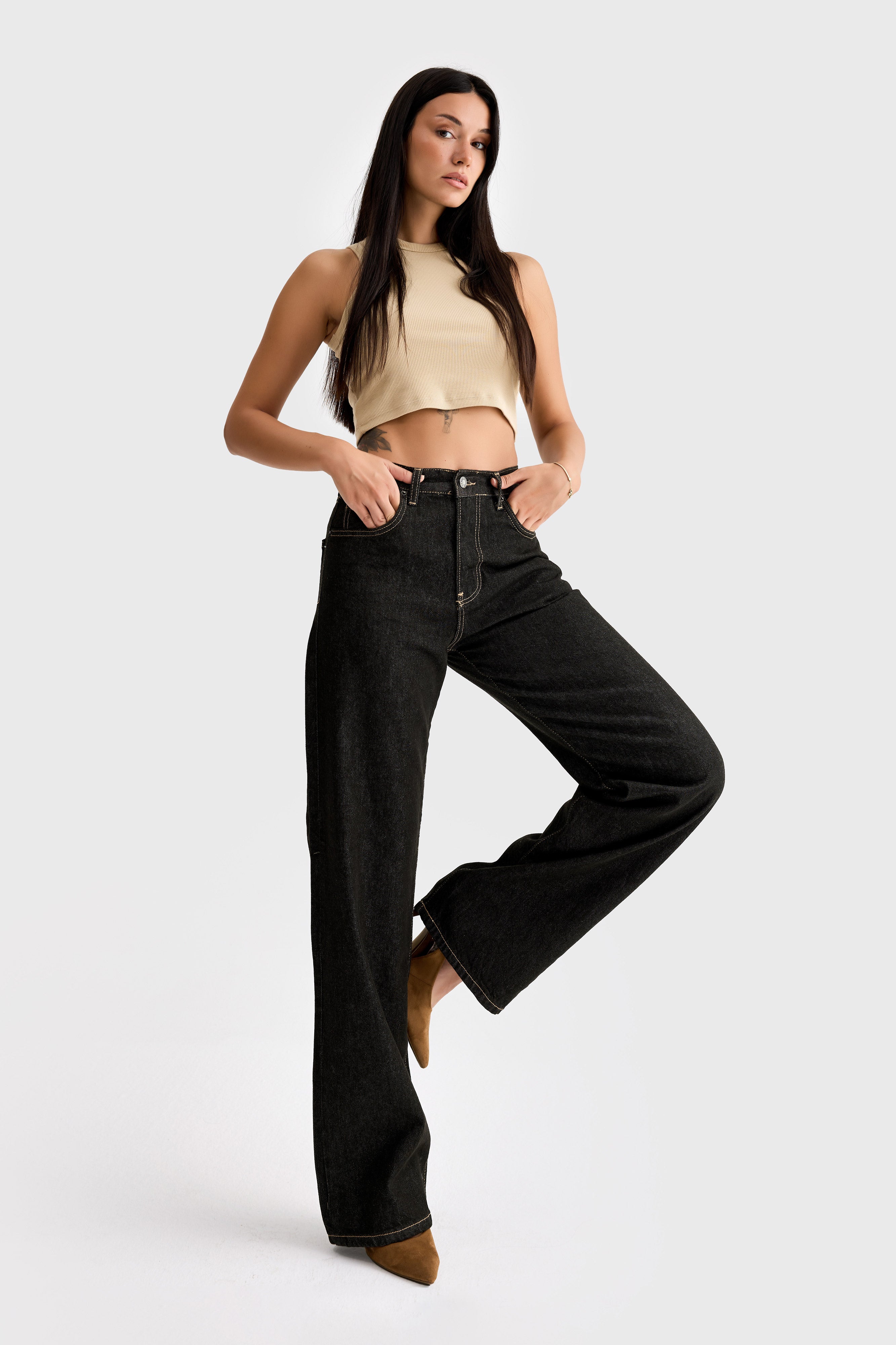 Kadın Koyu Kot Su Yıkama Renk 7w5-132 Loose Fit Orta Bel %100 Koton İç Boy 80cm Denim Jean