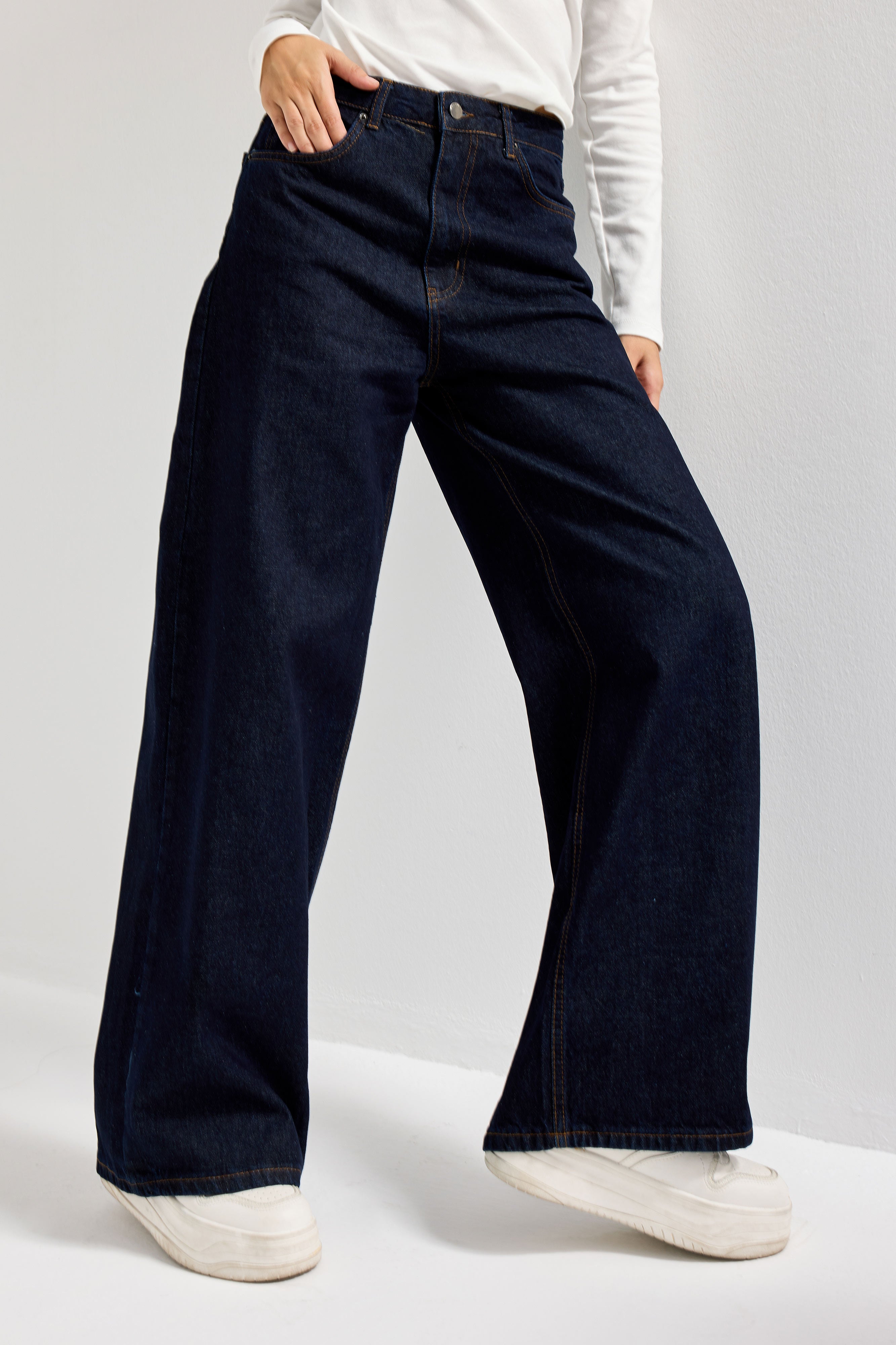 Kadın İndigo Renk 7w5-50 Palazzo Baggy Fit %100 Koton İç Boy 83cm Denim Jean