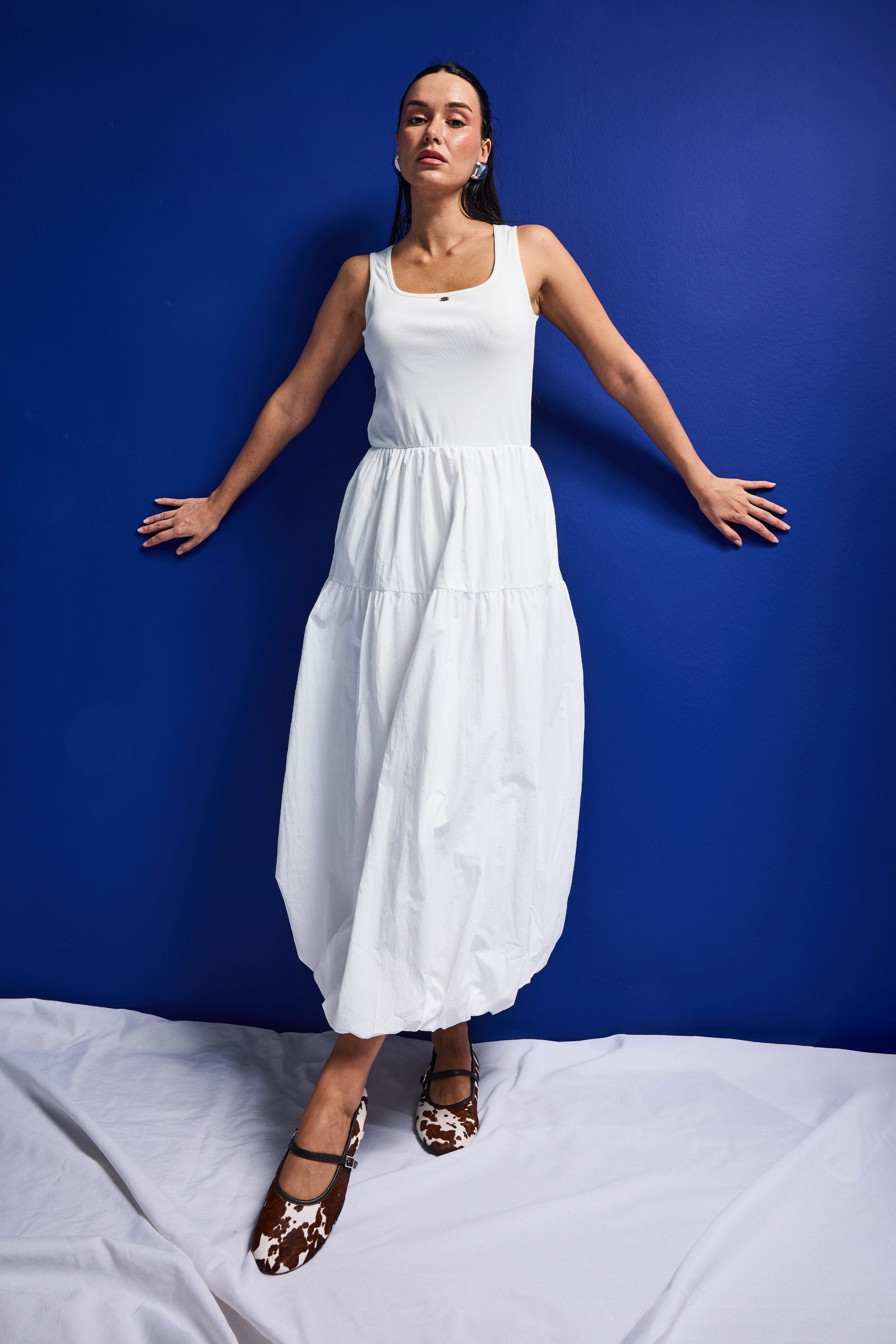 Women's White W5 Balloon Cut %100 Organic Cotton Designer Dress