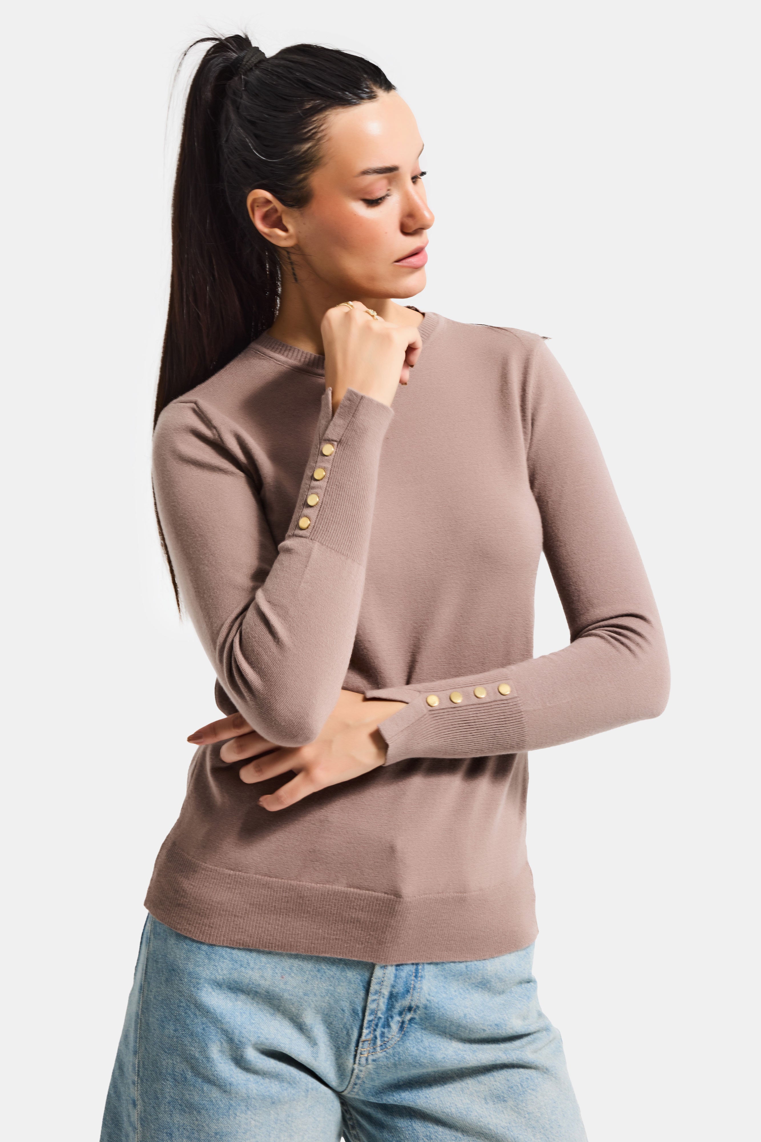 Kadın Vizon Renk w5-82 Örme Triko Kumaş Bisiklet Yaka Kol Aksesuarlı Triko