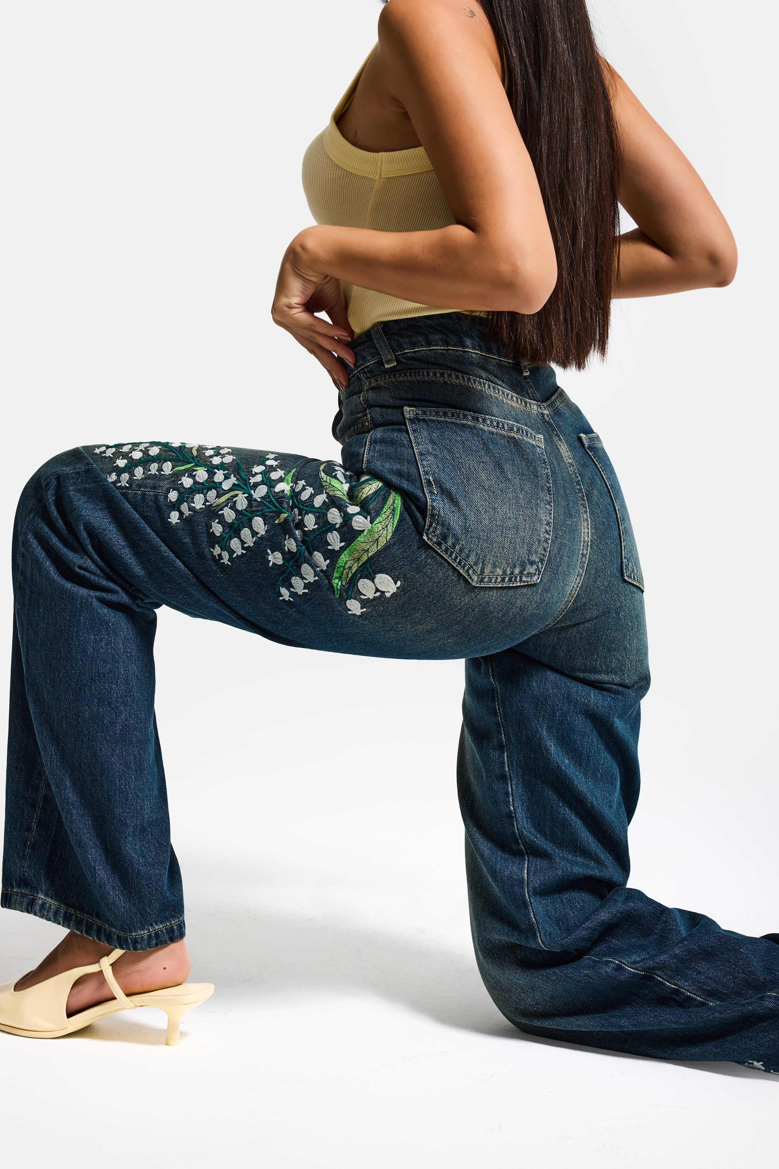 Kadın T.Kot Rengi 2w5-31 Straight Fit Yüksek Bel Özel Çiçek Kuş Nakışlı Tasarım Denim Jean