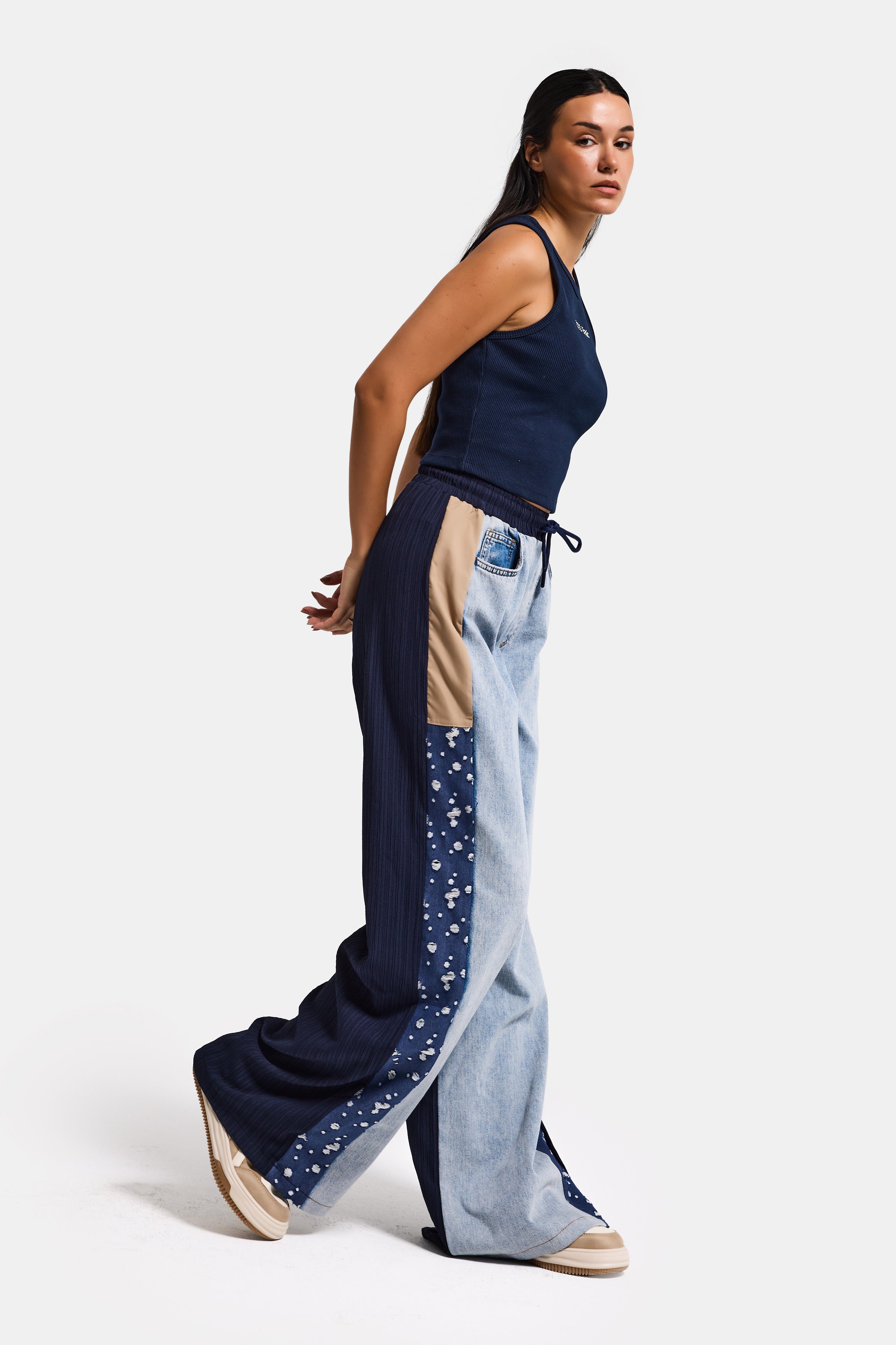 Kadın Kot Rengi Kumaş Denim Parçalı Bol Kesim Tasarım Denim Pantolon