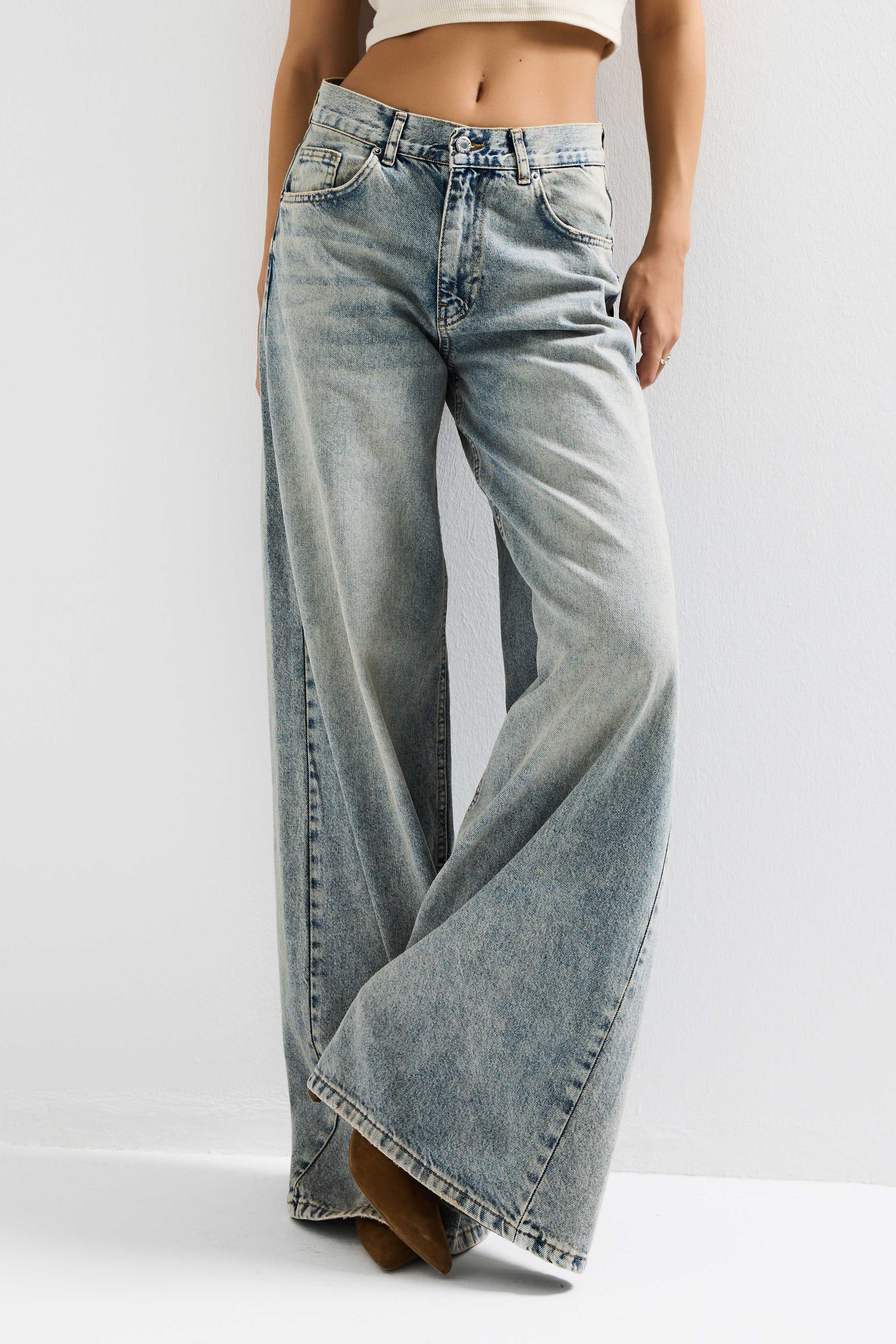 Kadın T.Kot Rengi Hera 4s6-67 Palazzo Fit %100 Koton Orta Bel Denim Jean