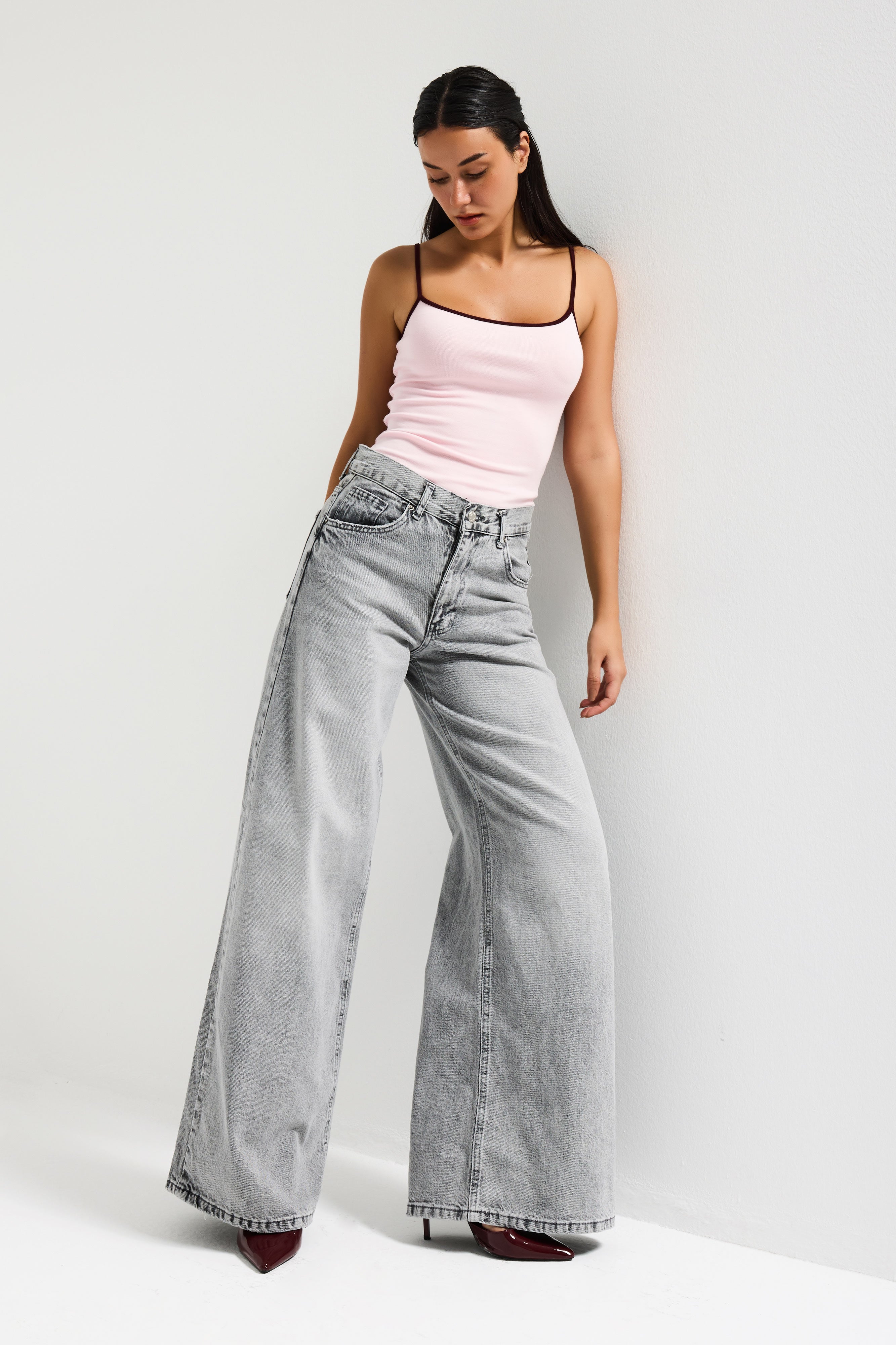 Kadın Gri Renk Hera 4s6-12 Palazzo Fit Bol Kesim %100 Koton Orta Bel Denim Jean