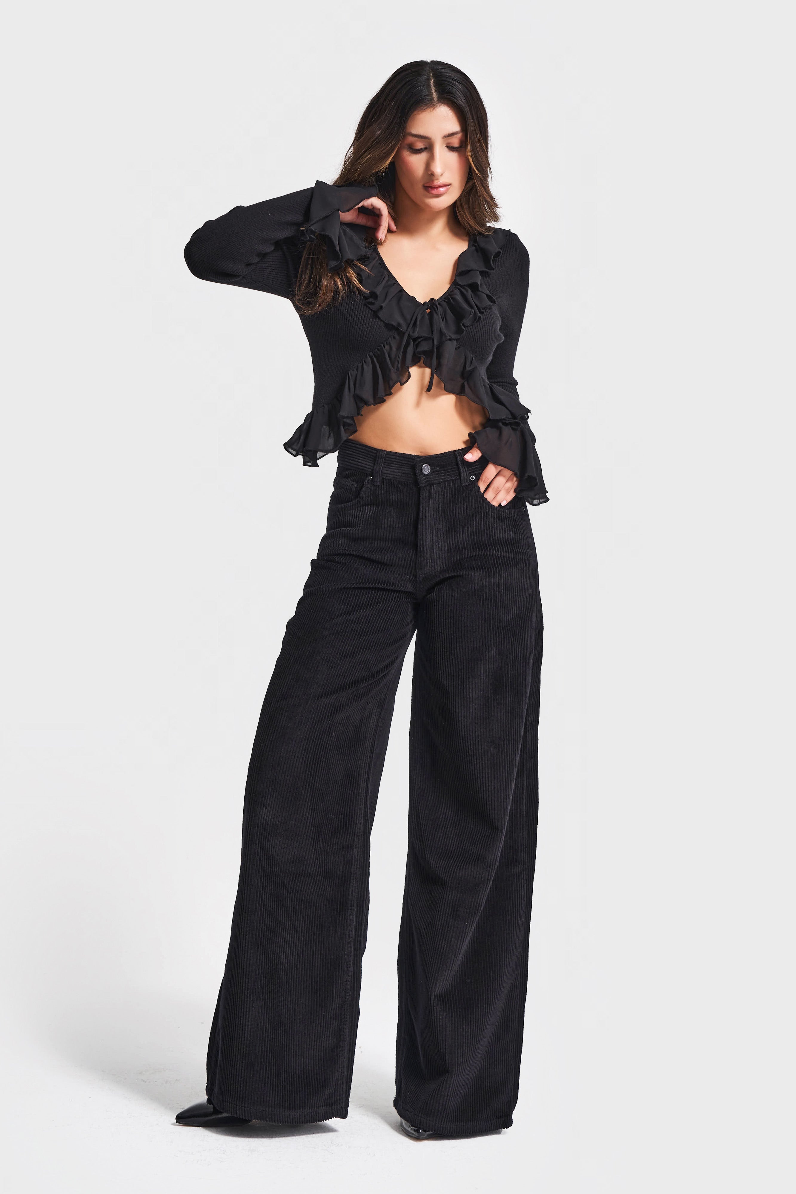 Women's Black Color 26w41 Palazzo Fit Corduroy Trousers