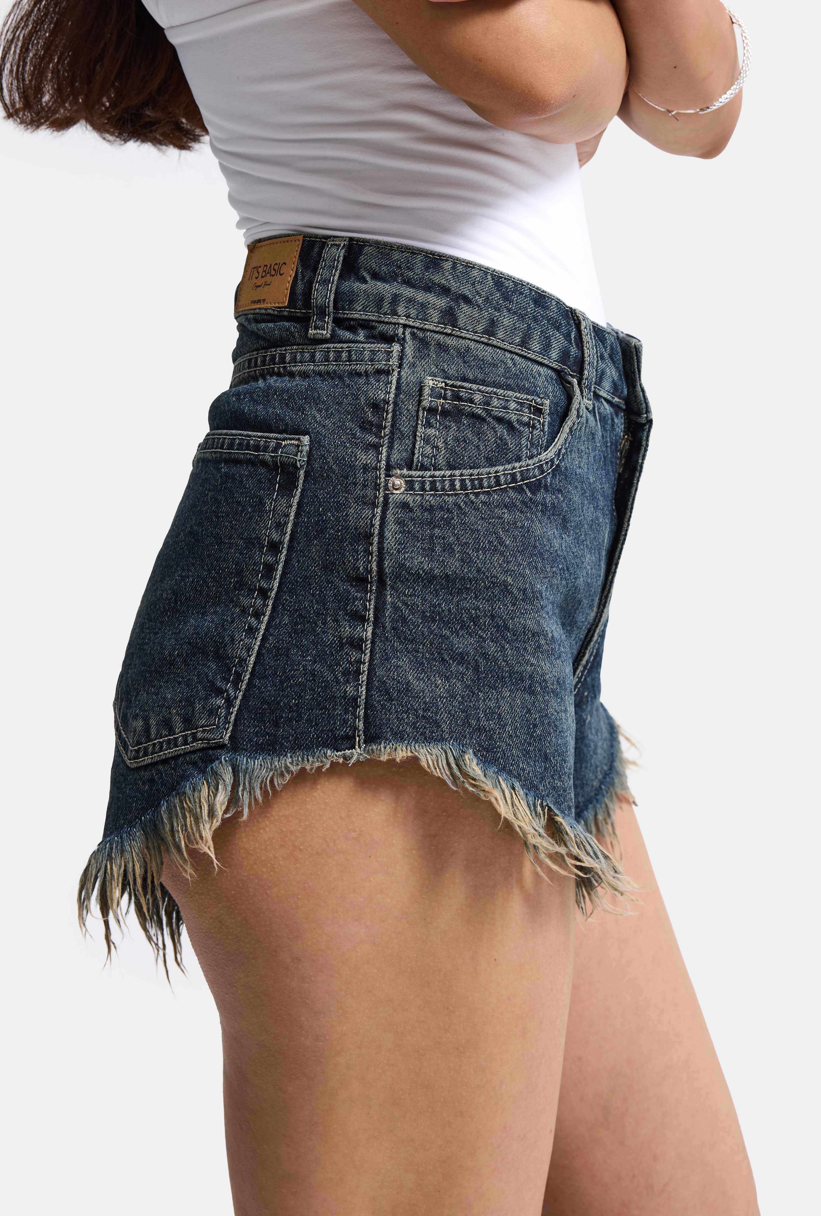 Kadın Koyu Kot 2s6 Mini Boy Paça Püsküllü Denim Şort