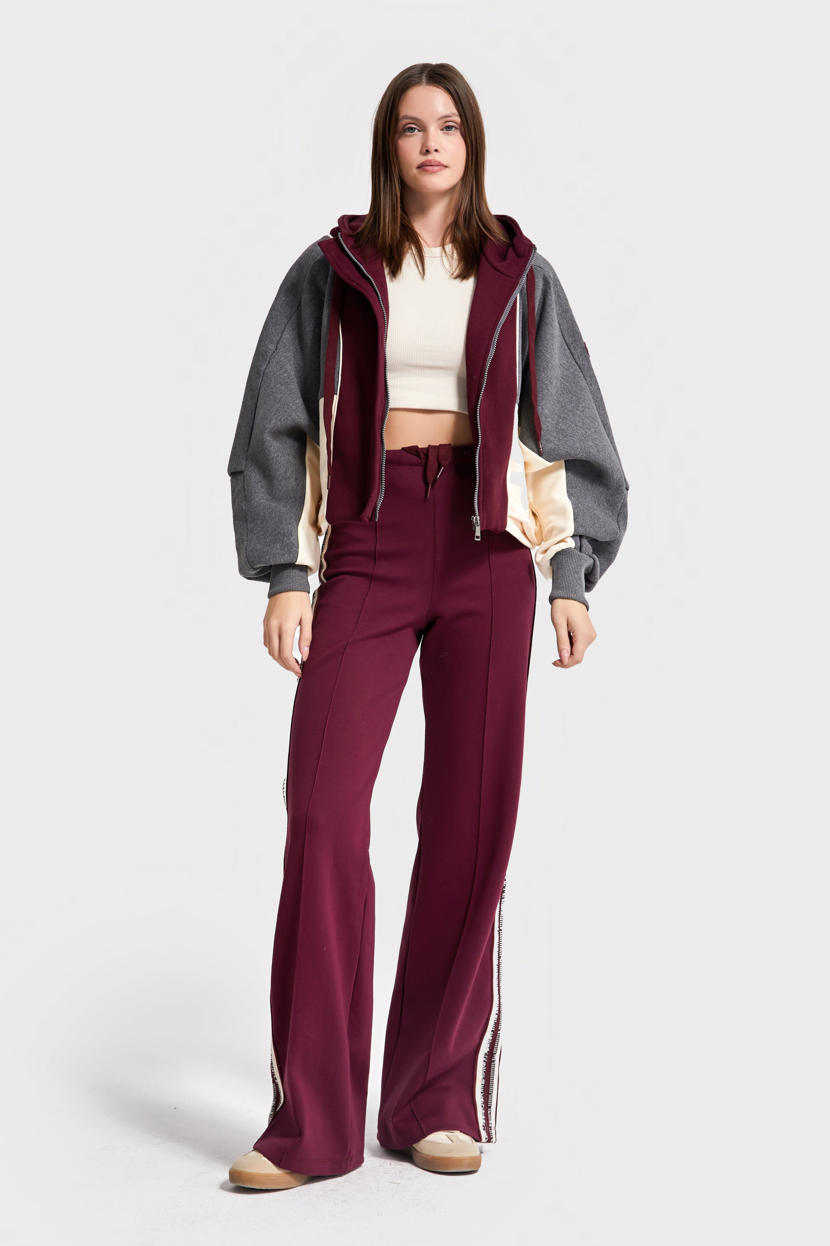 Kadın Bordo Renk w5-35 Örme Kumaş Polar ve Alt Eşofman 2'li Kombin Tasarım Takım