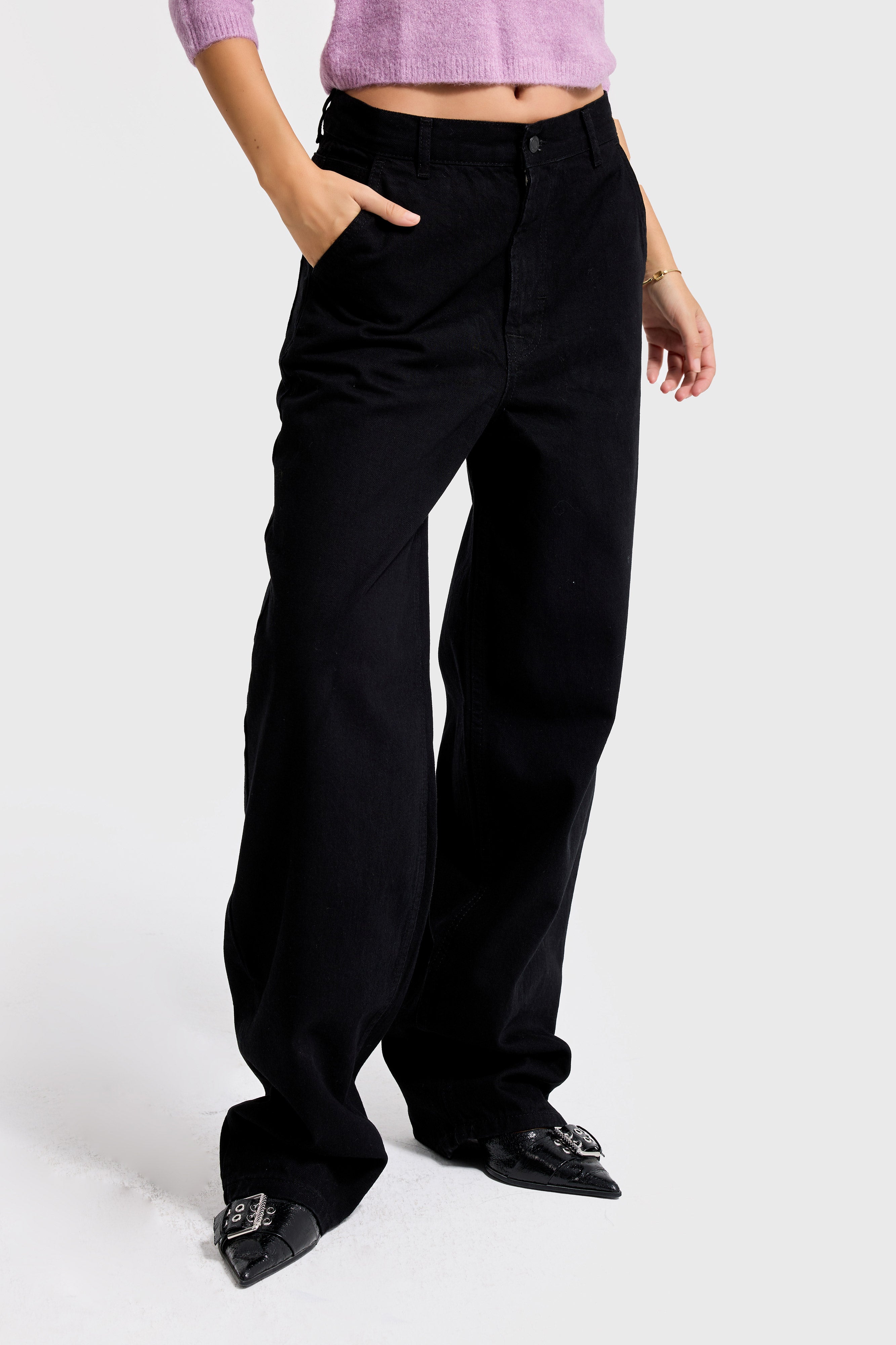 Women's Black Black Od Color Skater Fit Loose Cut Denim Trousers