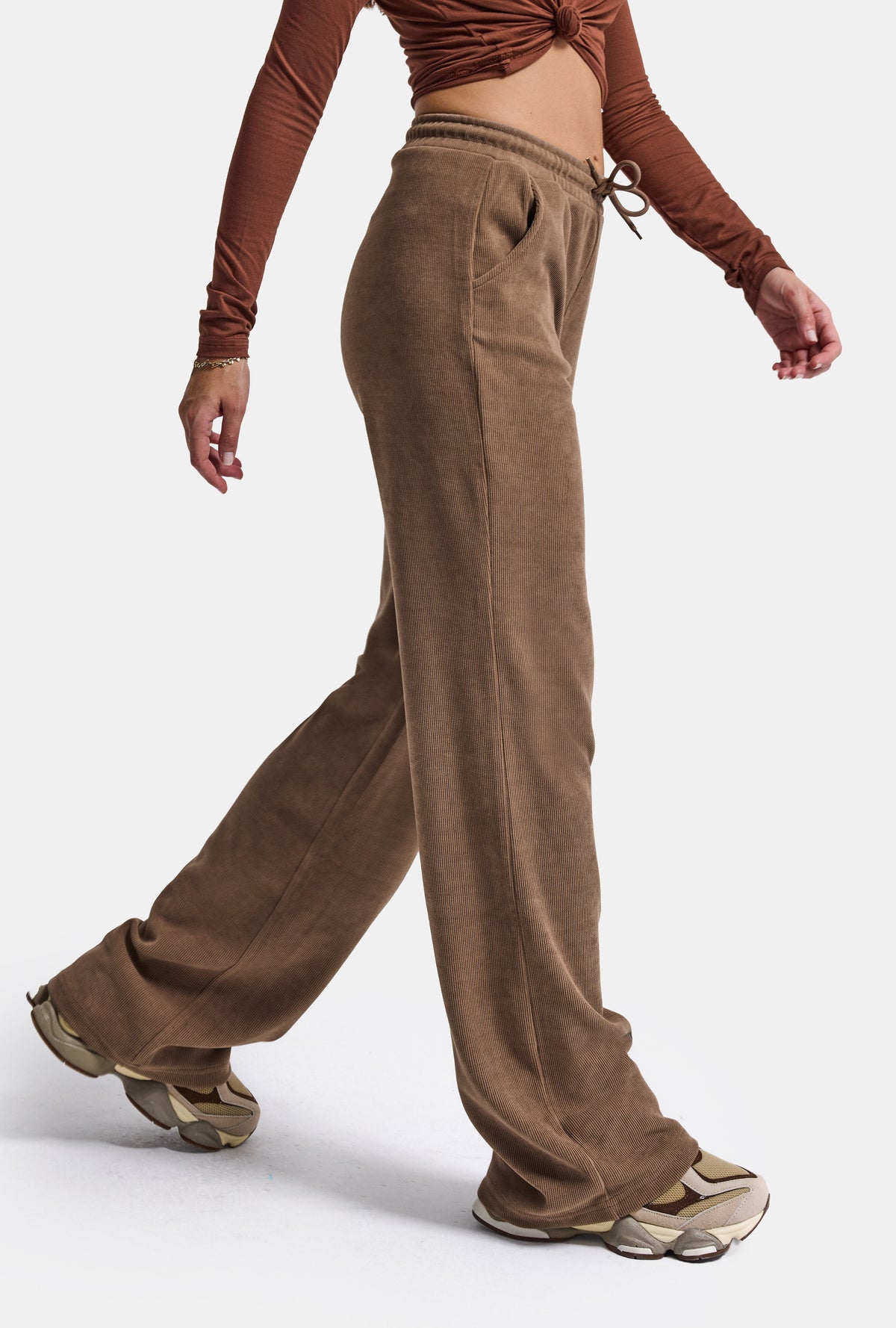 Women's Pastel Coffee Ribbed Knit Flexible Velvet Fabric Pants w5-82