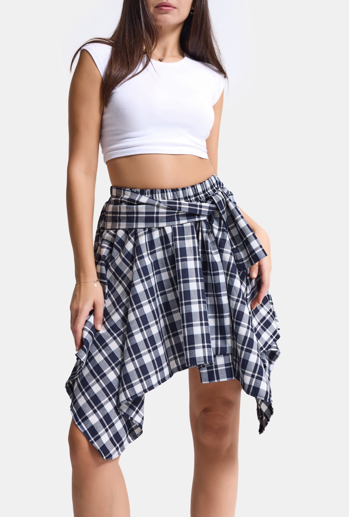 Women's Navy Blue Plaid Asymmetric Skort