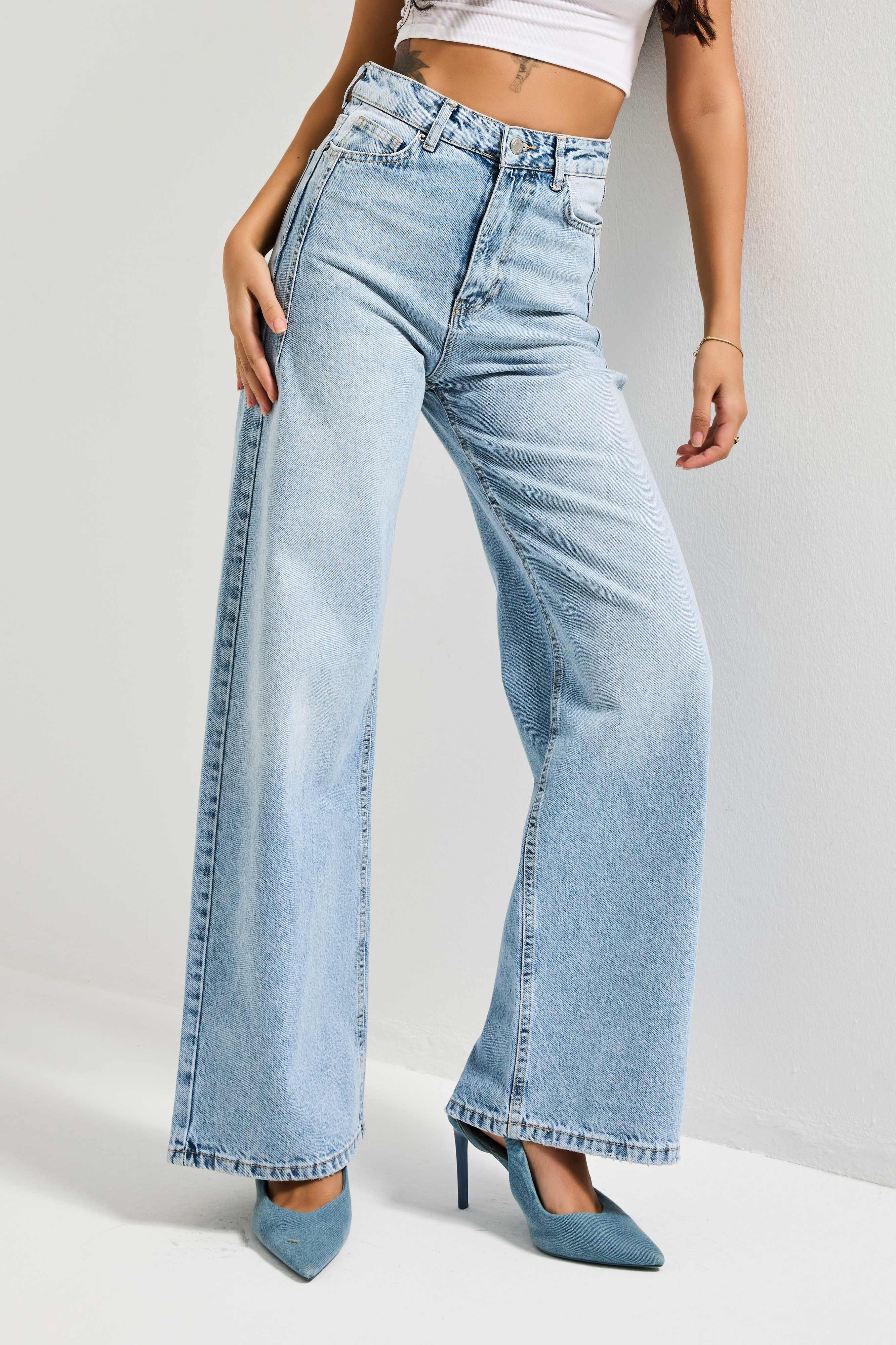 Kadın Kot Rengi Olea 4S5-3 %100 Koton Straight Wide Leg Fit Denim Jean