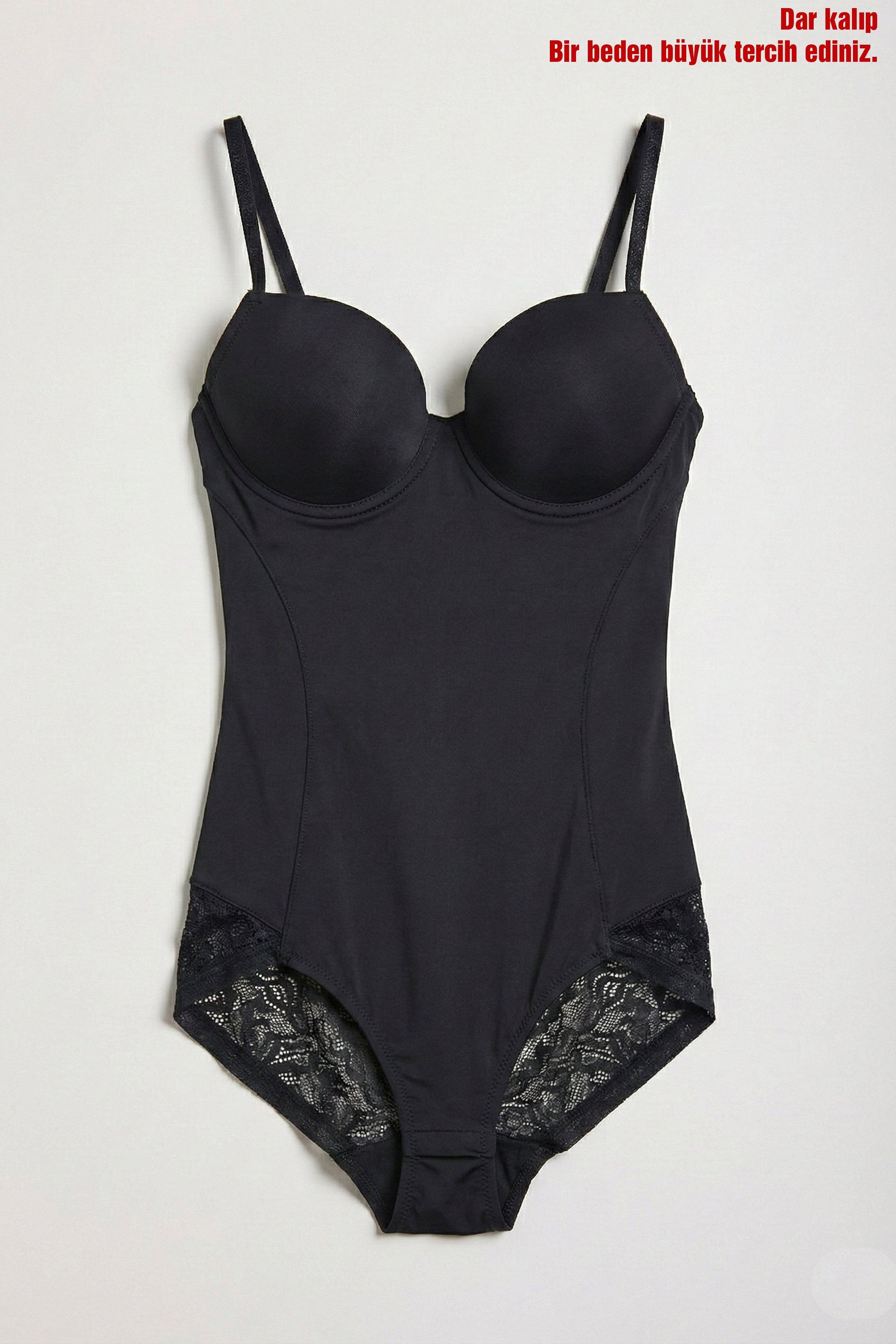 Kadın Siyah w5 Çıtçıtlı Toparlayıcı Dantel Detaylı Destekli Cup Tasarım Askılı Body