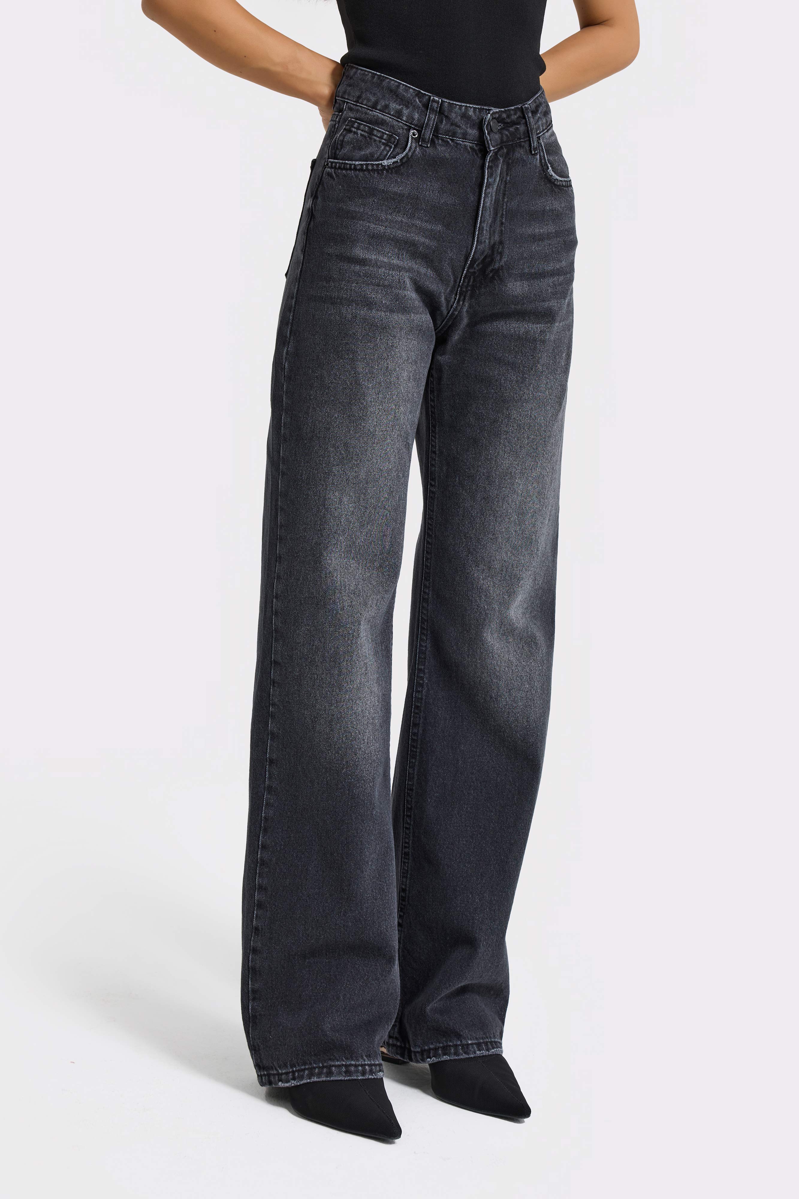 Kadın Füme Renk Doris Straight Fit Yüksek Bel %100 Koton Denim