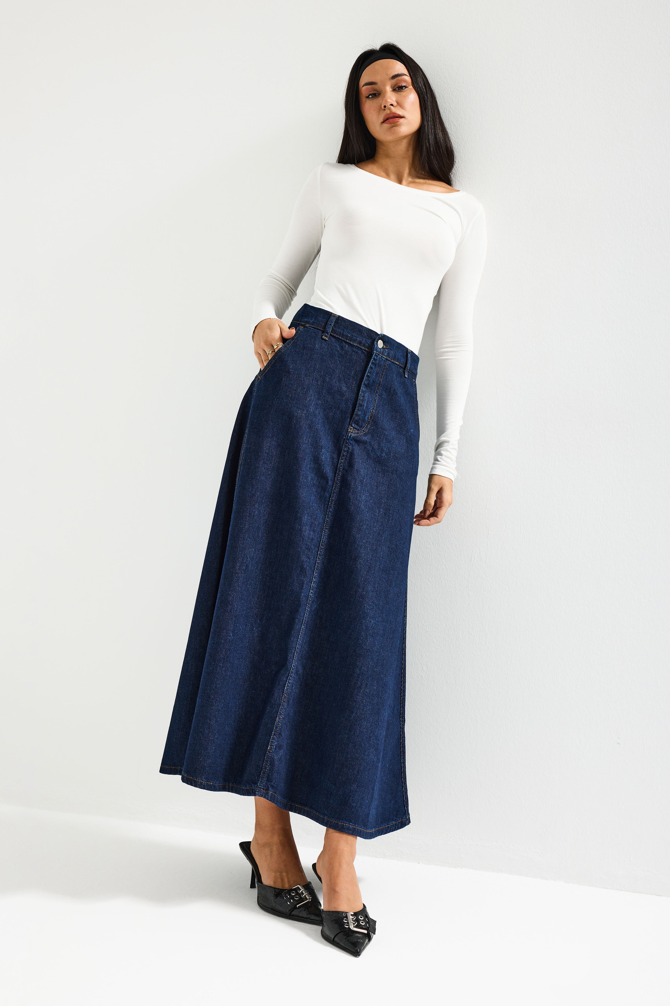 Kadın İndigo Renk 7w5-50 A Tipi Çan Kesim Maxi Boy %100 Koton Denim Etek