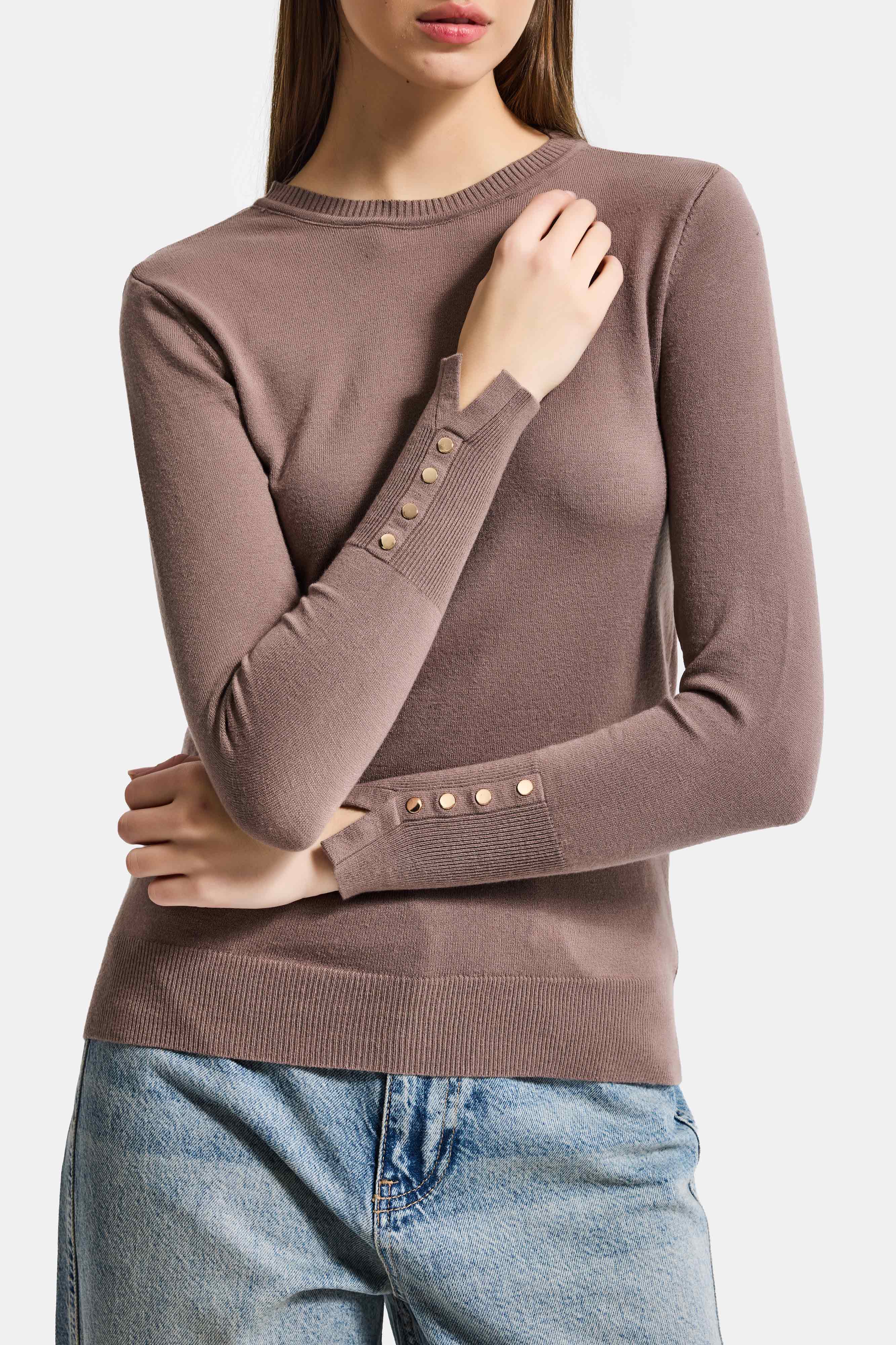 Kadın Vizon Renk w5-82 Örme Triko Kumaş Bisiklet Yaka Kol Aksesuarlı Triko