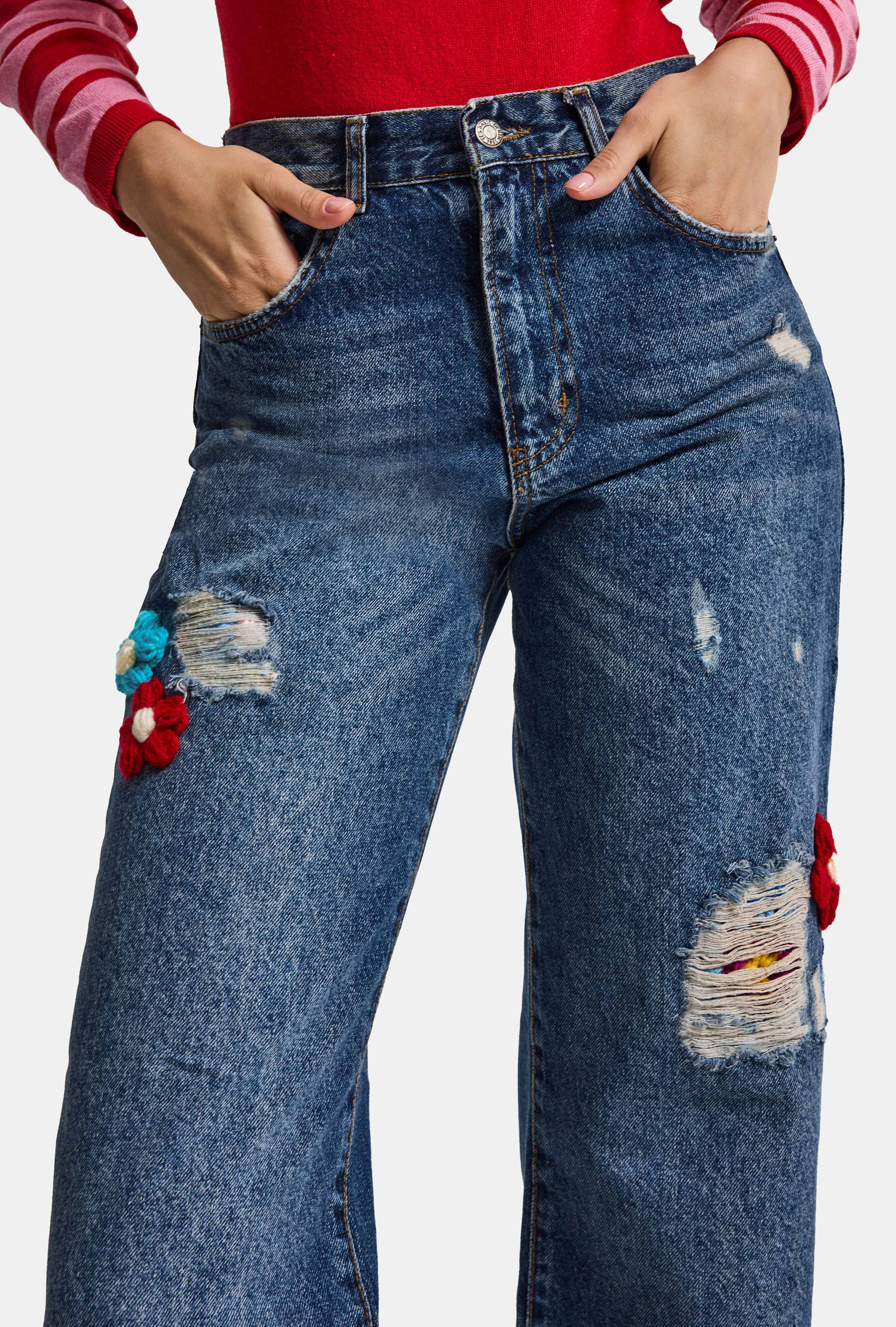 Kadın T.Kot Rengi Etnik Gül Desenli Loose Fit Tasarım Denim Jean