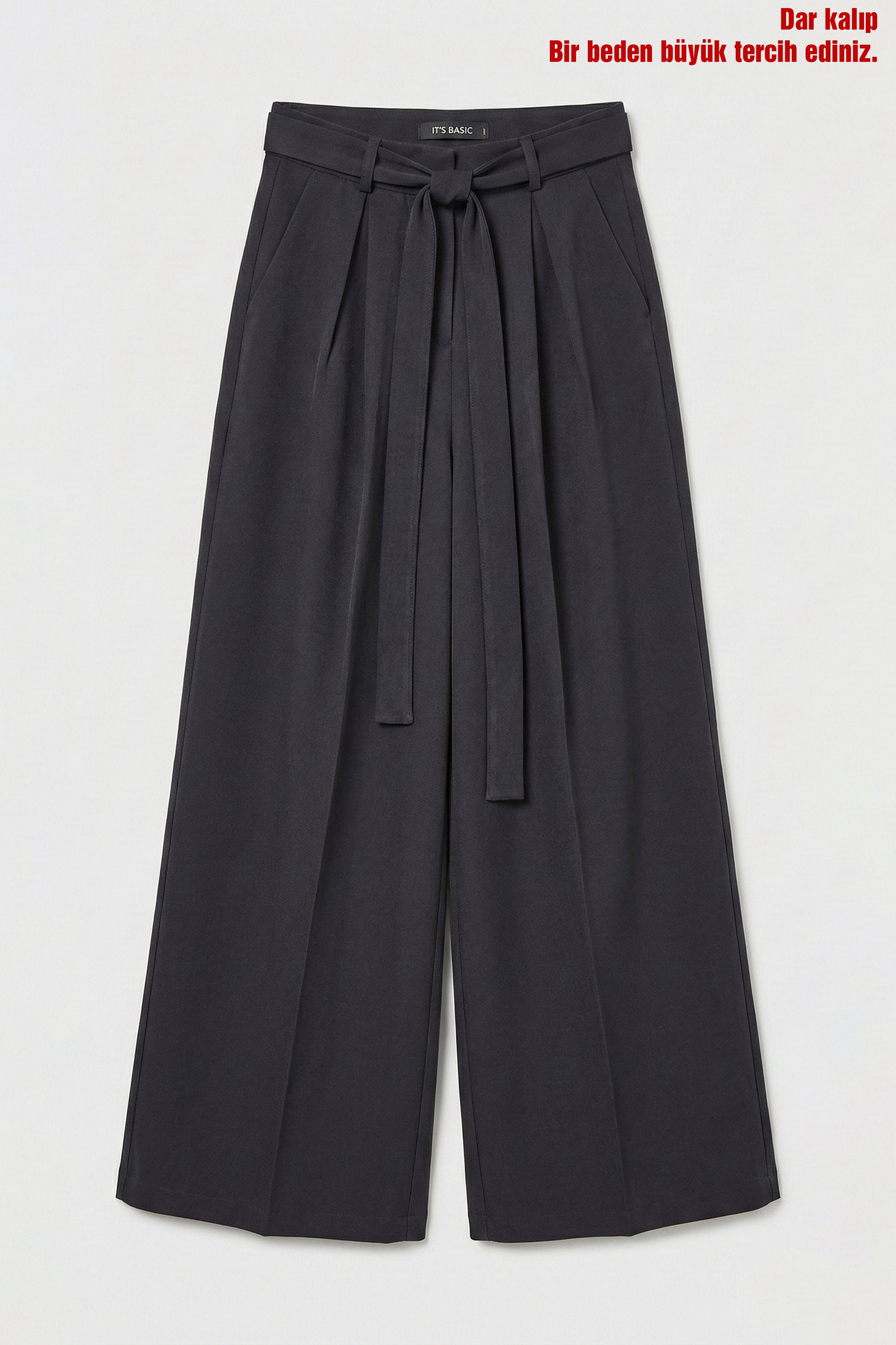Kadın Siyah w5 Palazzo Fit Özel Kumaş Kemer Detaylı Tasarım Pantolon