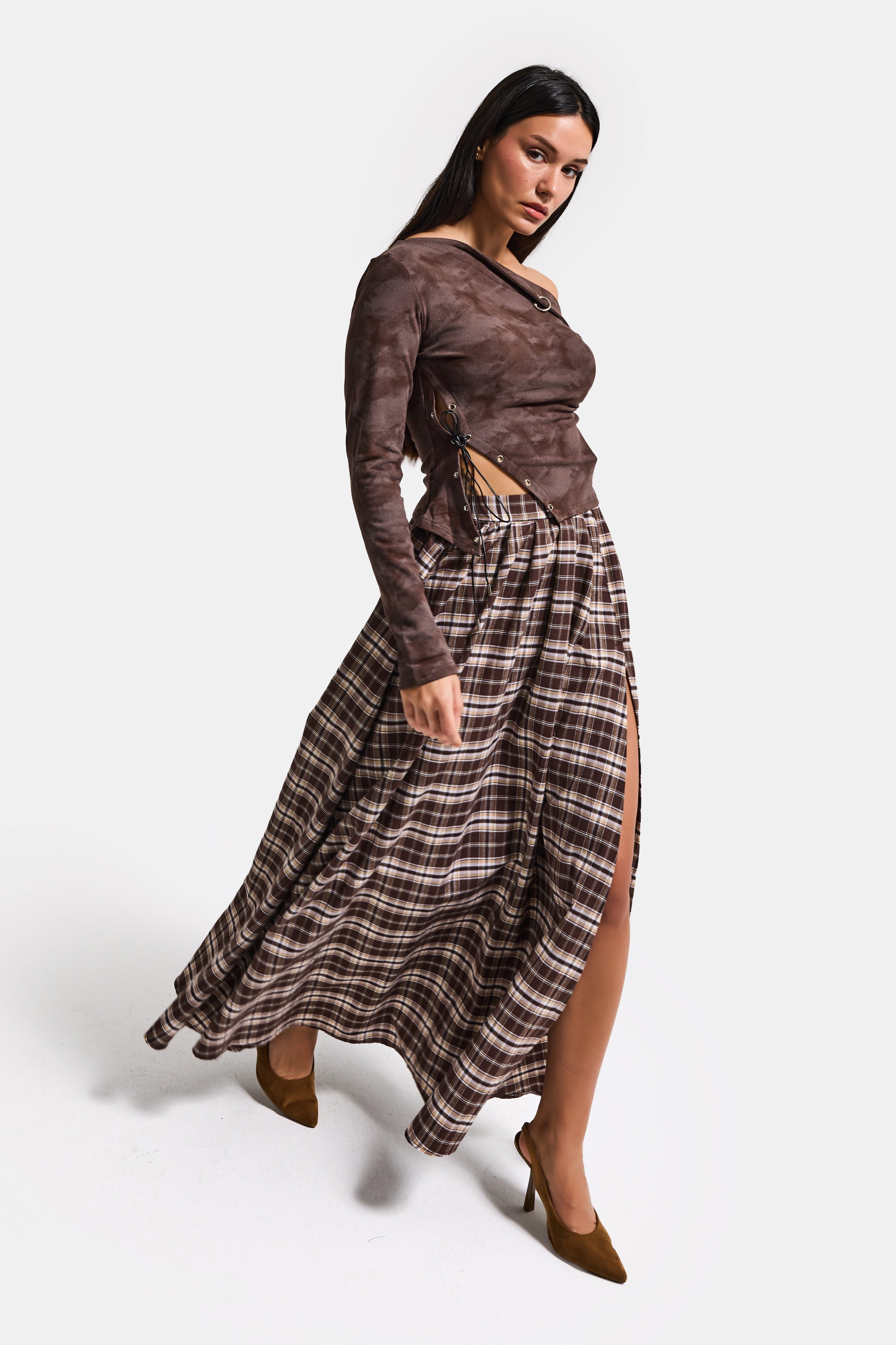 Kadın Kahve w5 Asimetrik Kesim Tek Omuz Açık Özel Tasarım Crop Top