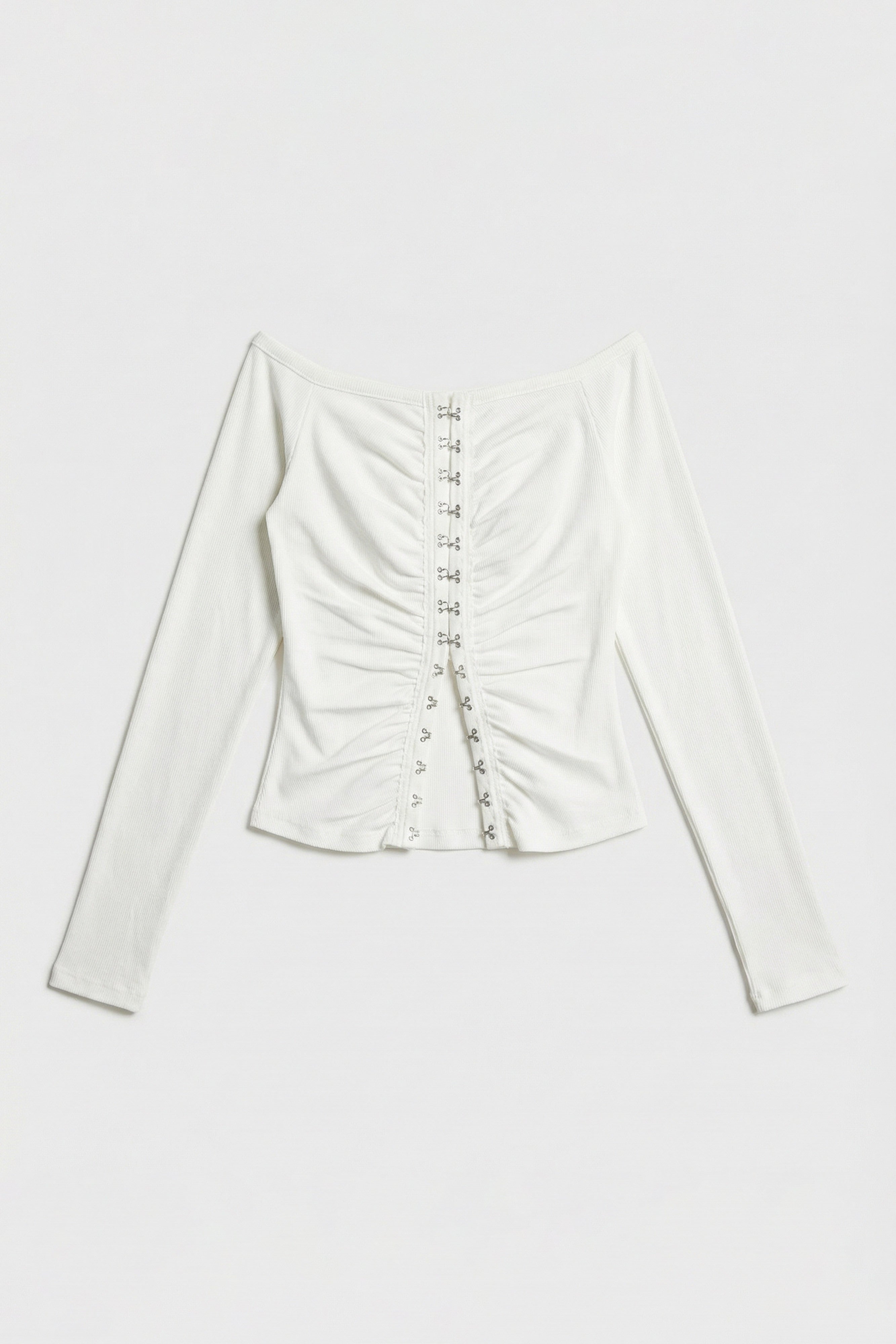 Kadın Beyaz w5 Agraf Detaylı Omzu Açık Özel Tasarım Crop Top