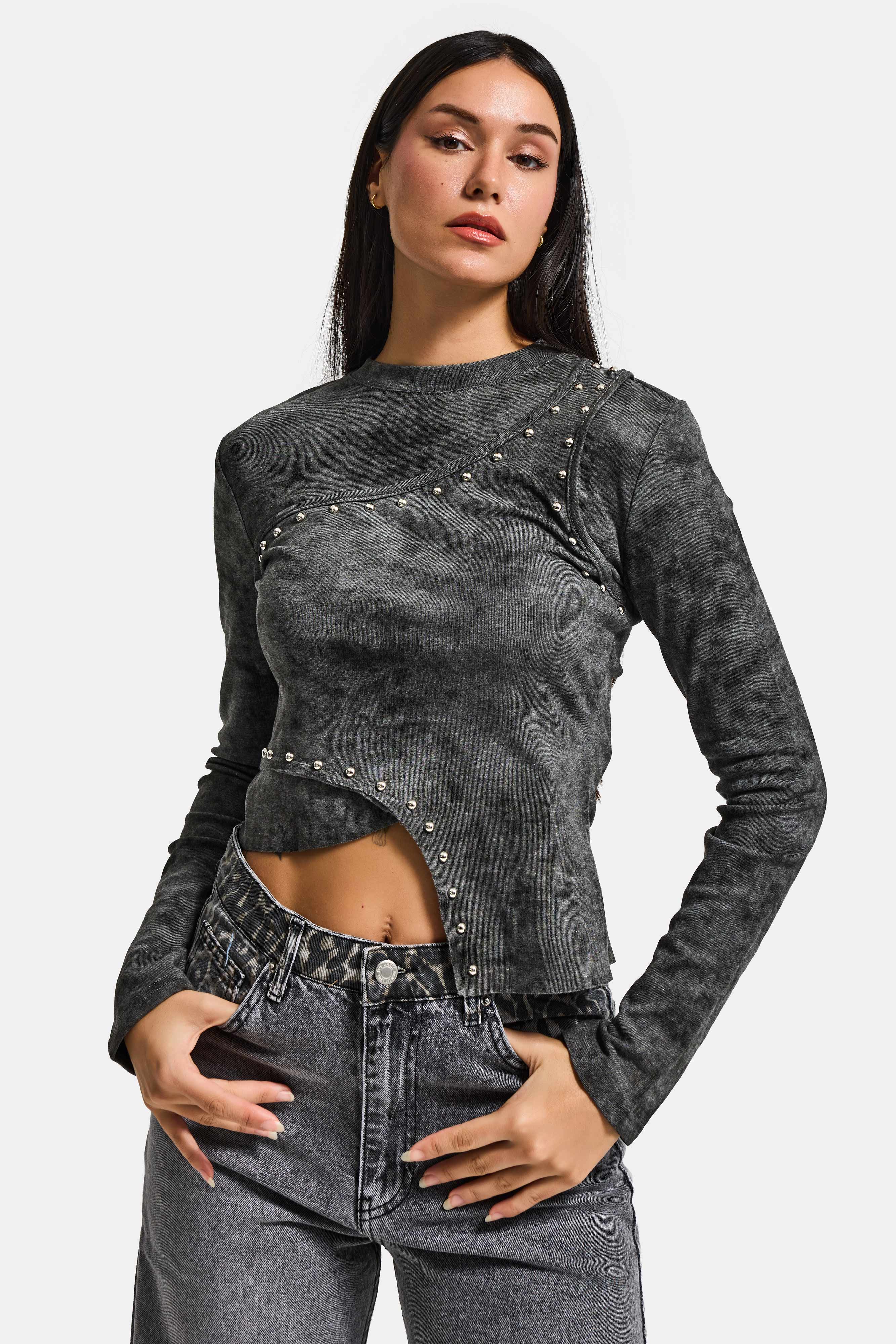 Kadın Antrasit Gri w5 Asimetrik Kesim Drop Detaylı Özel Tasarım Crop Top