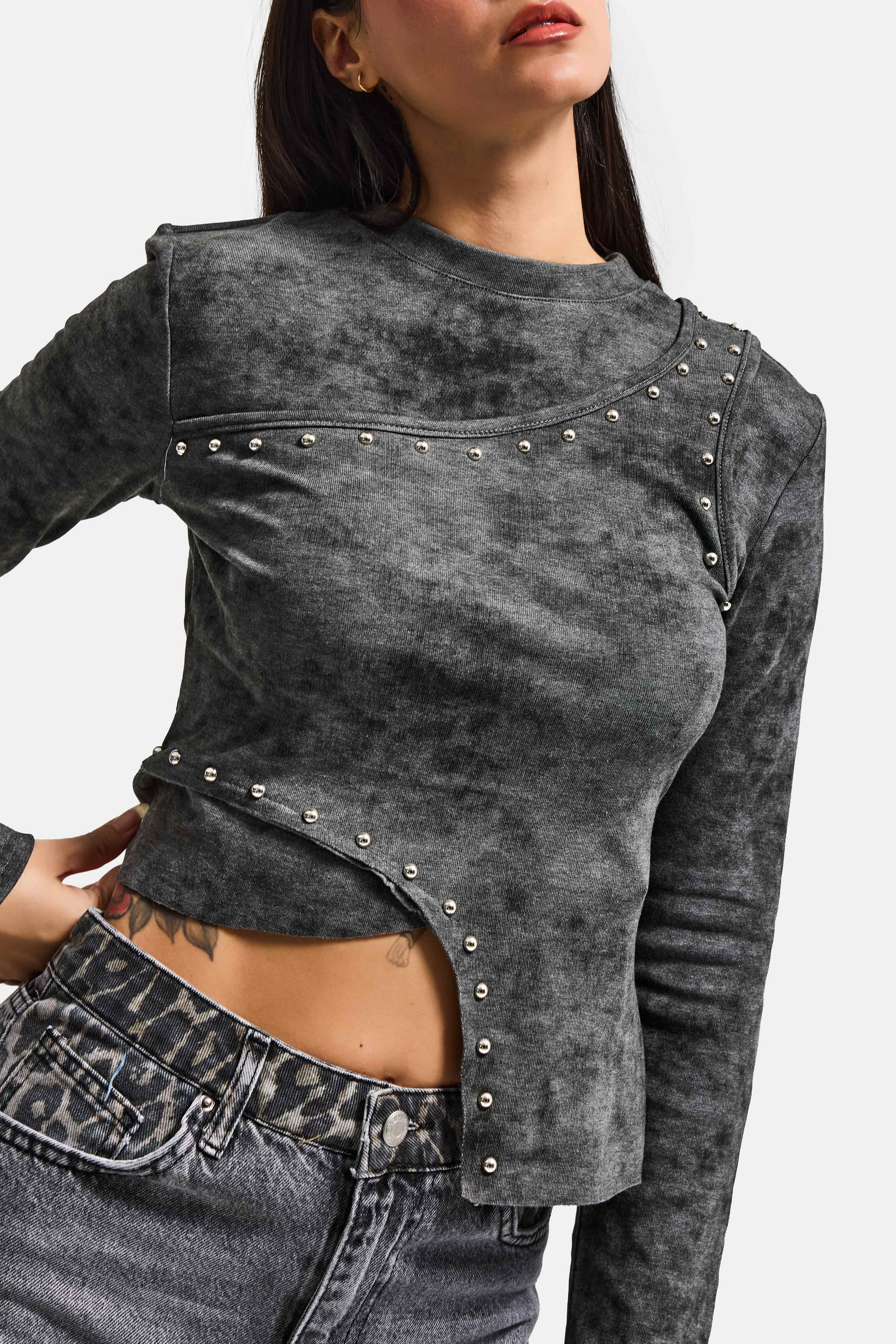 Kadın Antrasit Gri w5 Asimetrik Kesim Drop Detaylı Özel Tasarım Crop Top