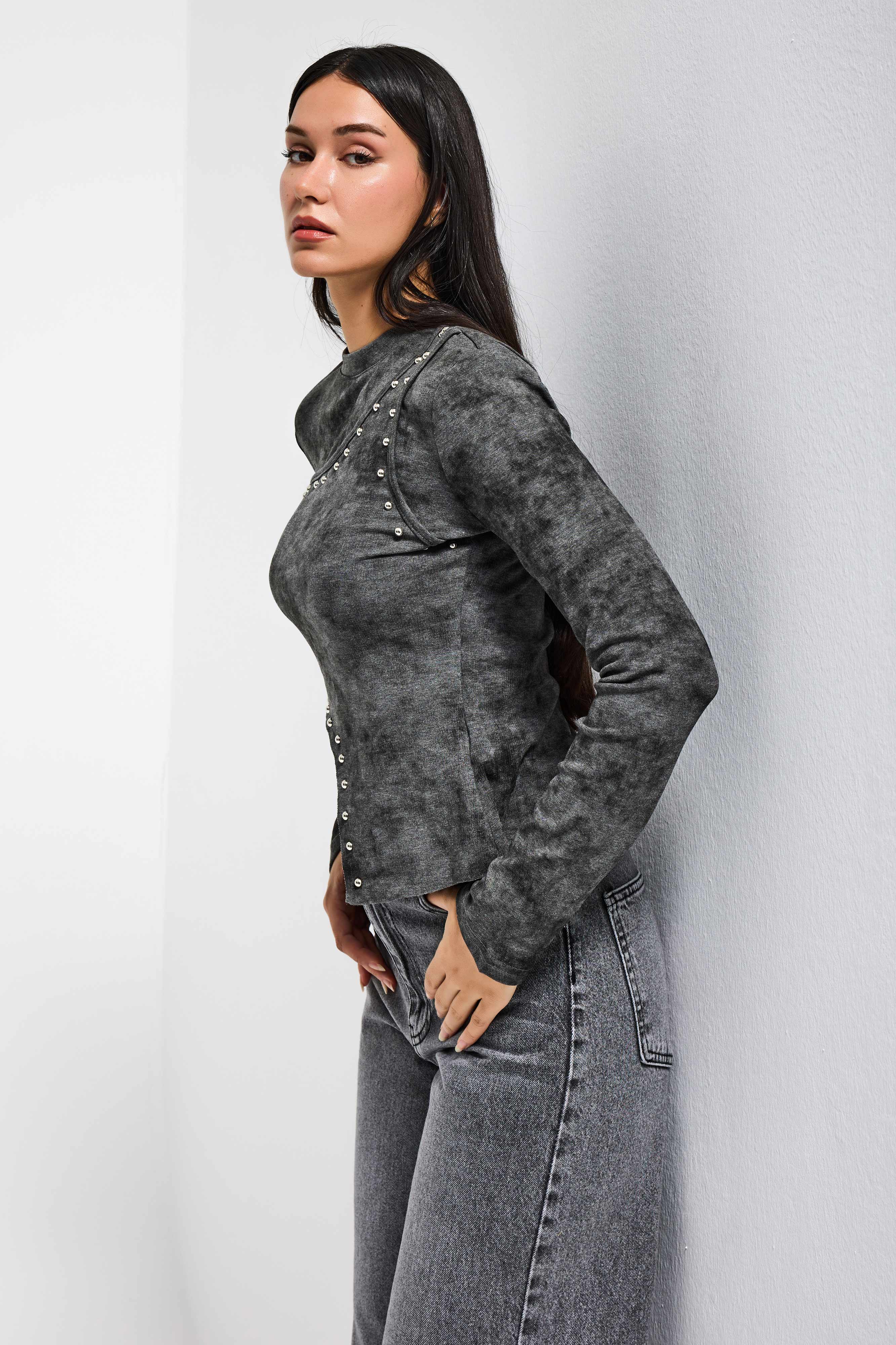 Kadın Antrasit Gri w5 Asimetrik Kesim Drop Detaylı Özel Tasarım Crop Top