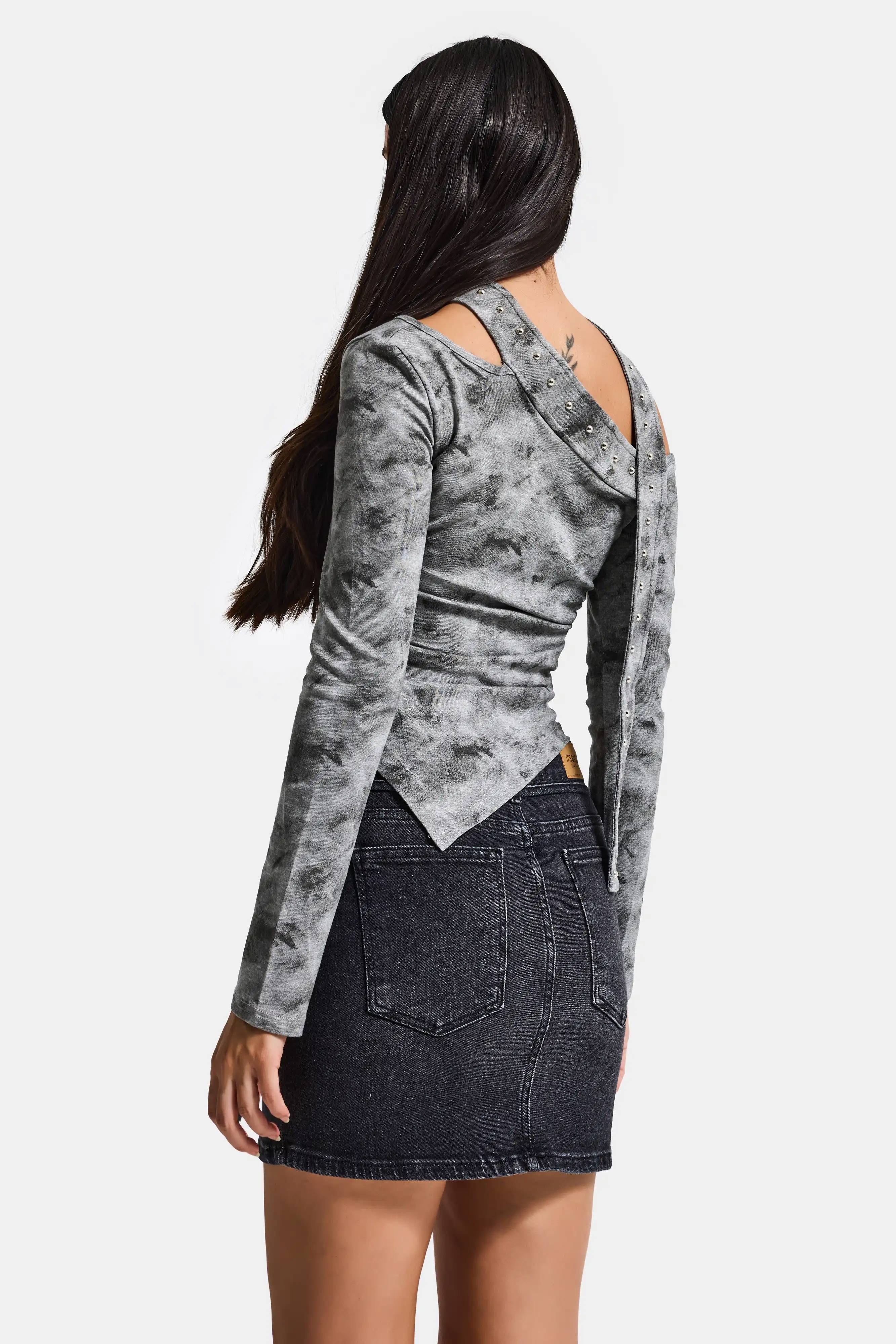 Kadın Gri w5 Asimetrik Kesim Özel Kumaş Tasarım Crop Top