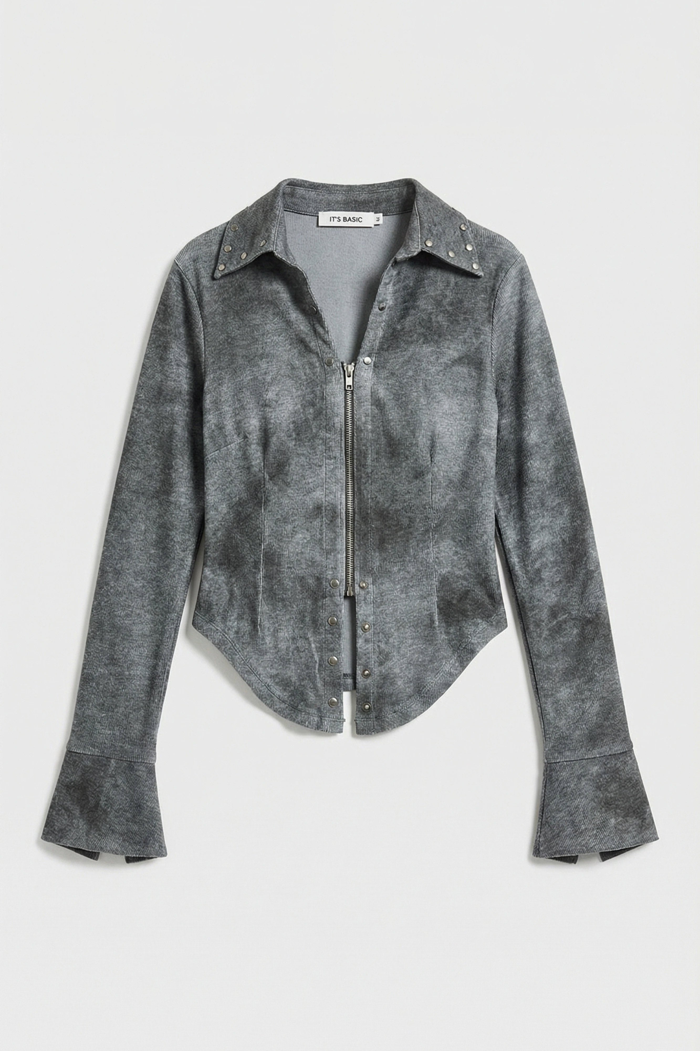 Kadın Gri w5 Fermuar ve Drop Detaylı Özel Tasarım Crop Top