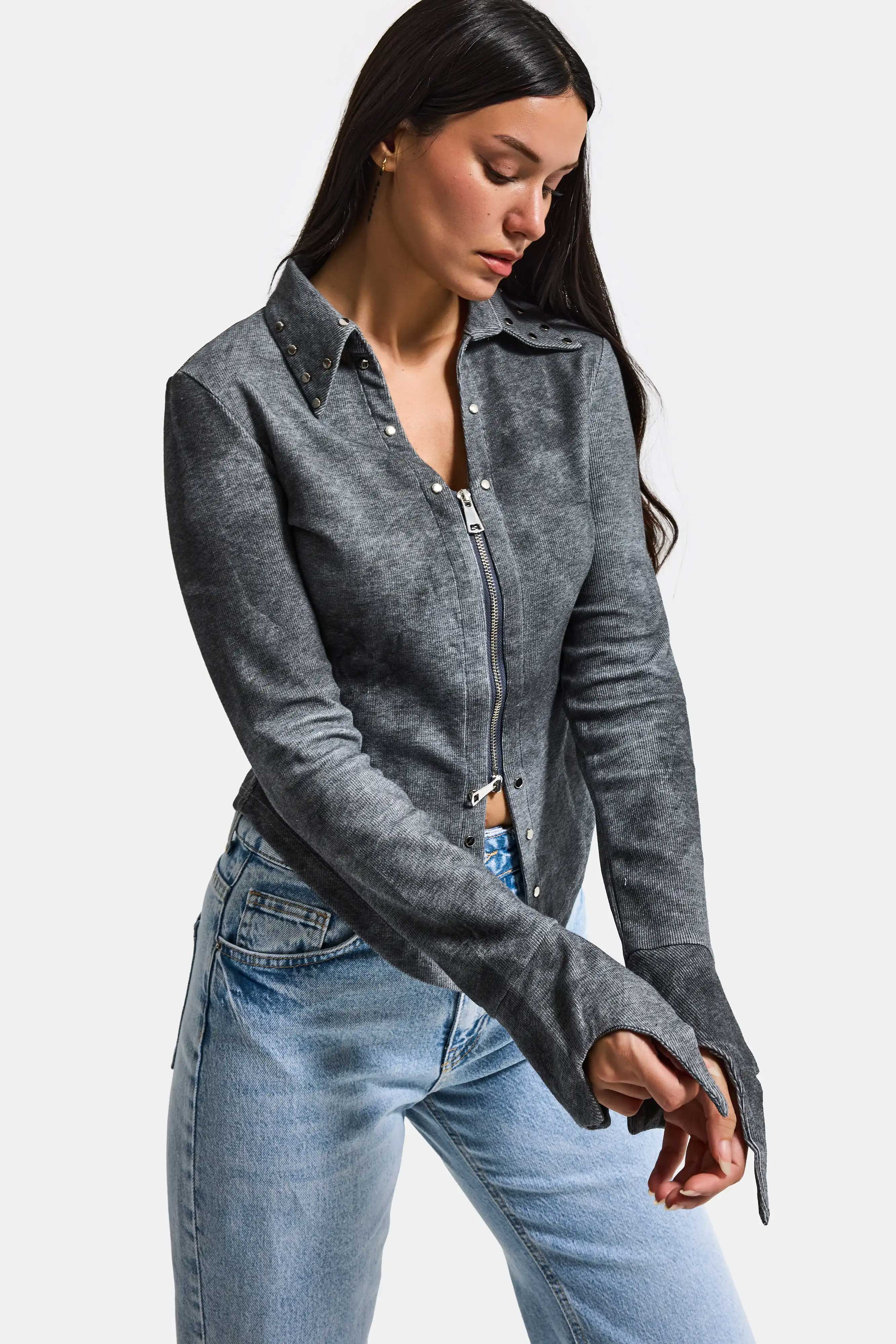 Kadın Gri w5 Fermuar ve Drop Detaylı Özel Tasarım Crop Top