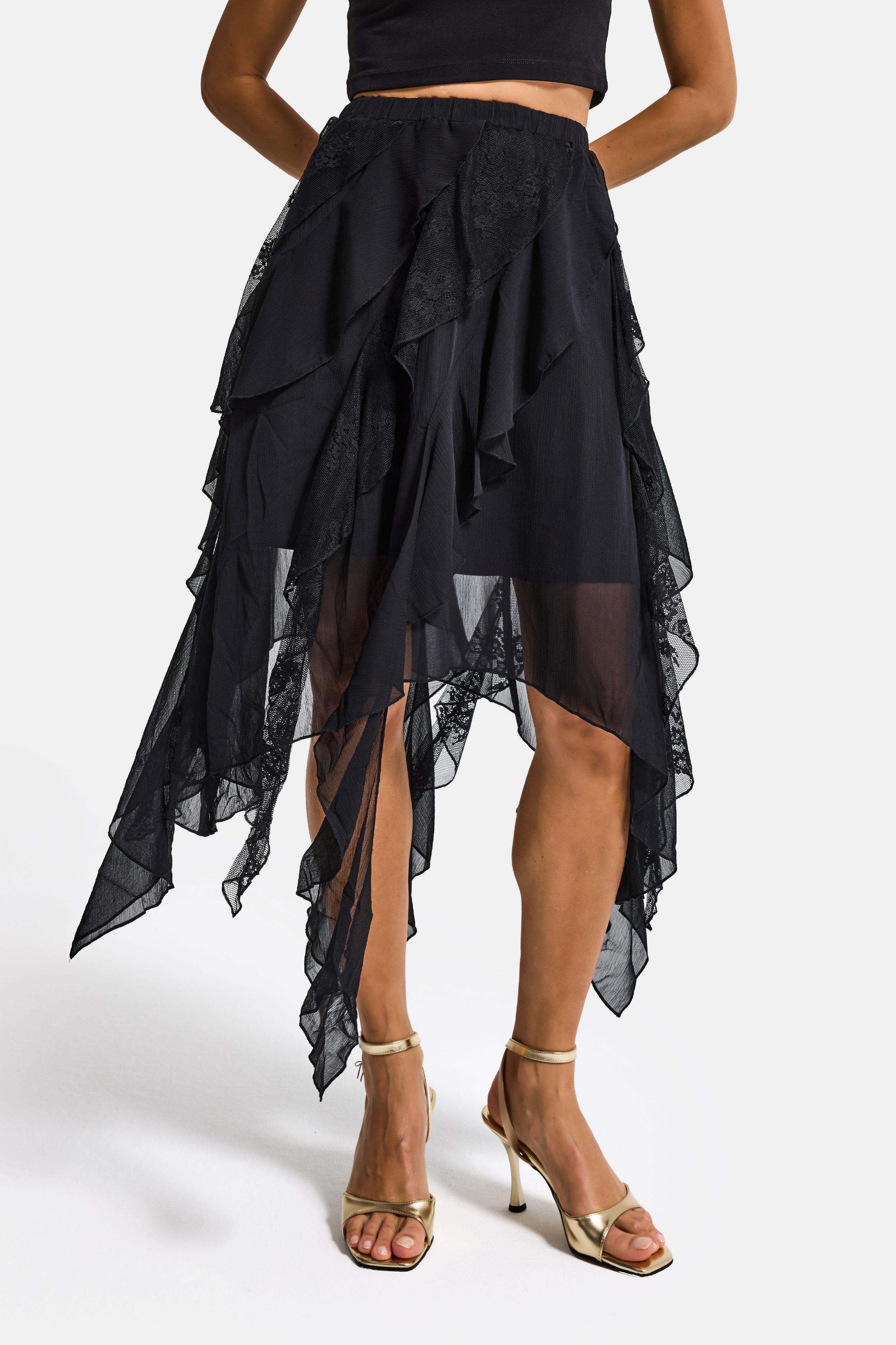 Kadın Siyah w5 Asimetrik Kesim Dantel Tül Detaylı Özel Tasarım Etek