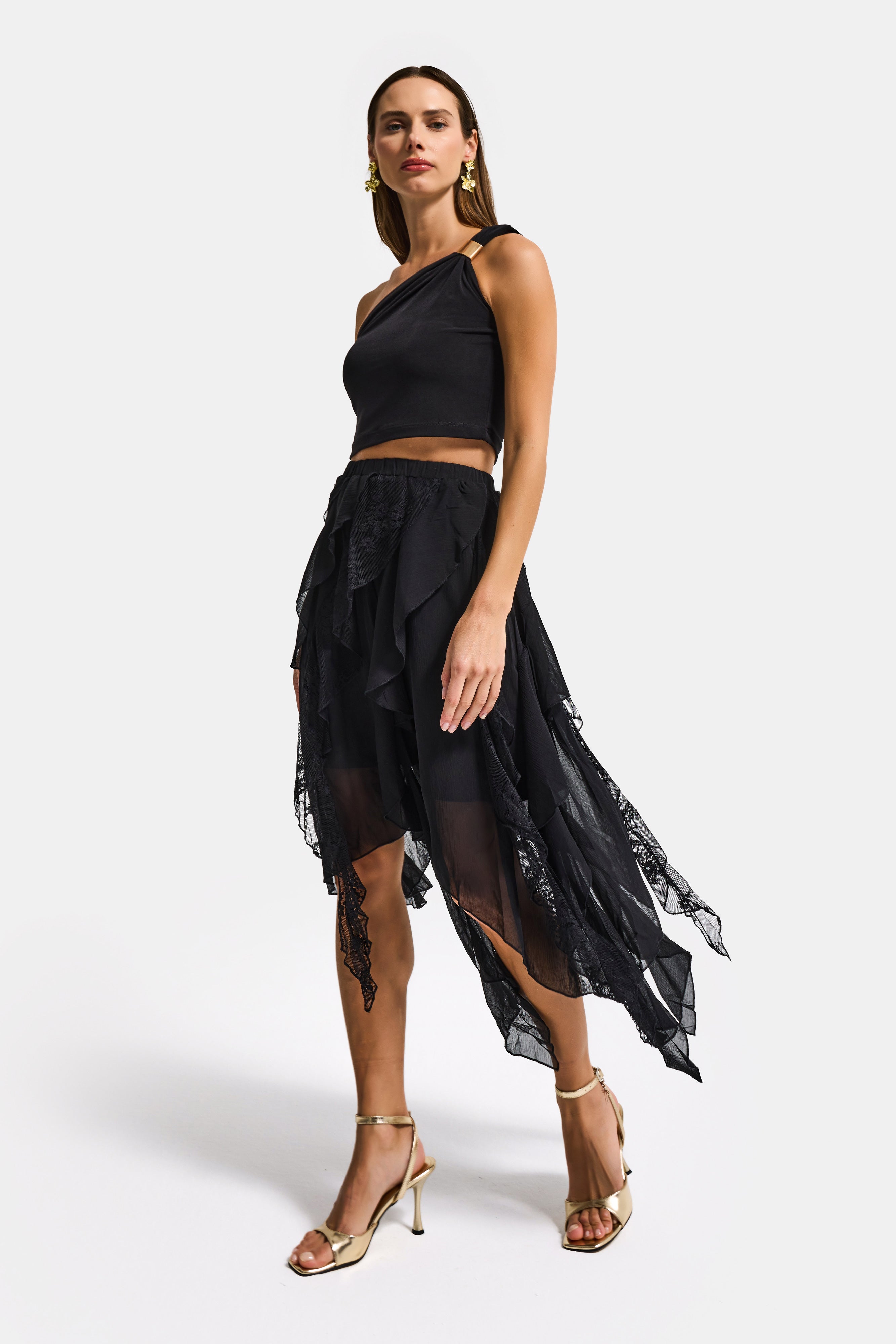 Kadın Siyah w5 Asimetrik Kesim Dantel Tül Detaylı Özel Tasarım Etek