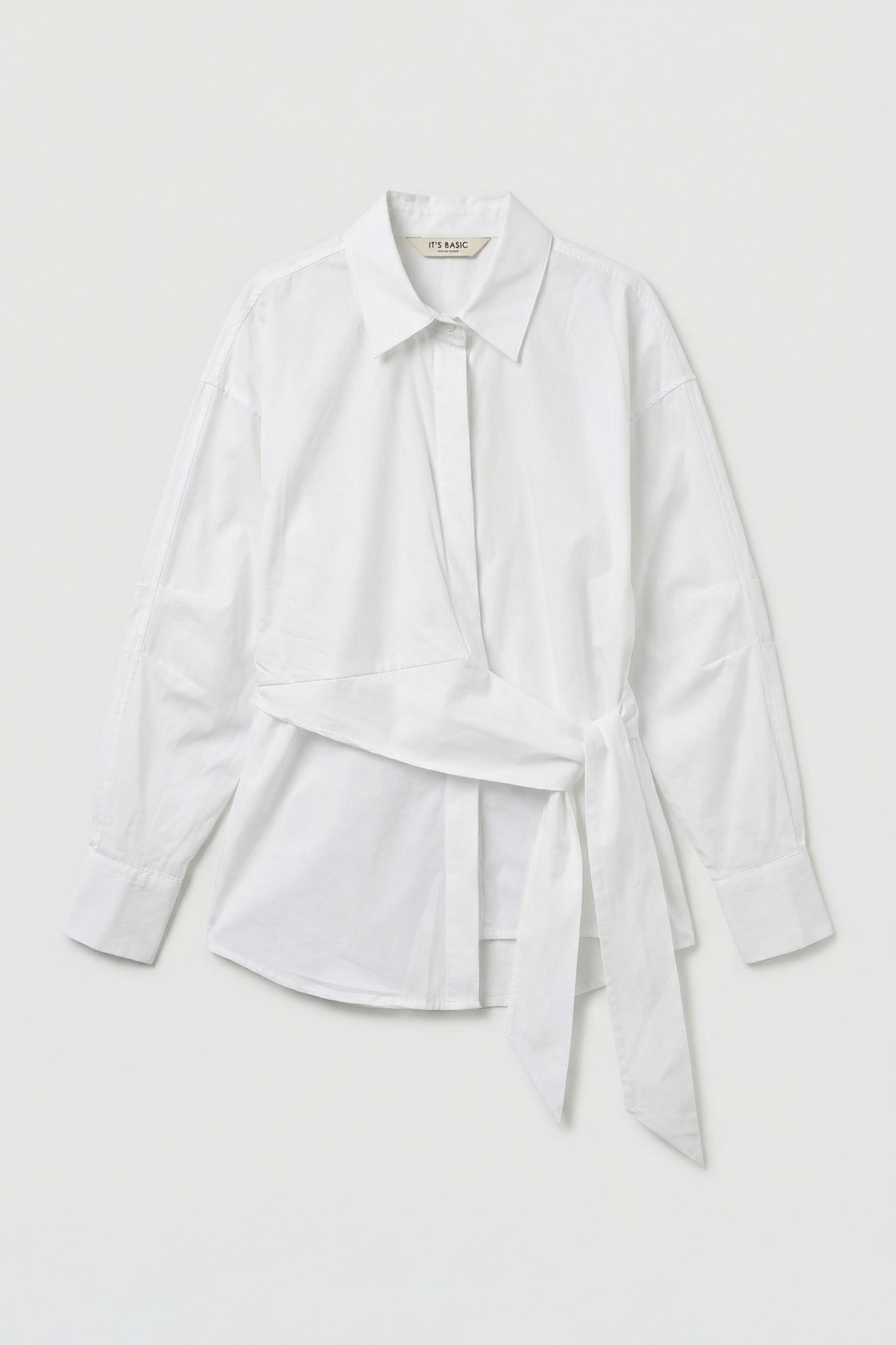 2Kadın Beyaz w5 Oversize Kemer Detaylı Özel Kumaş Tasarım Gömlek