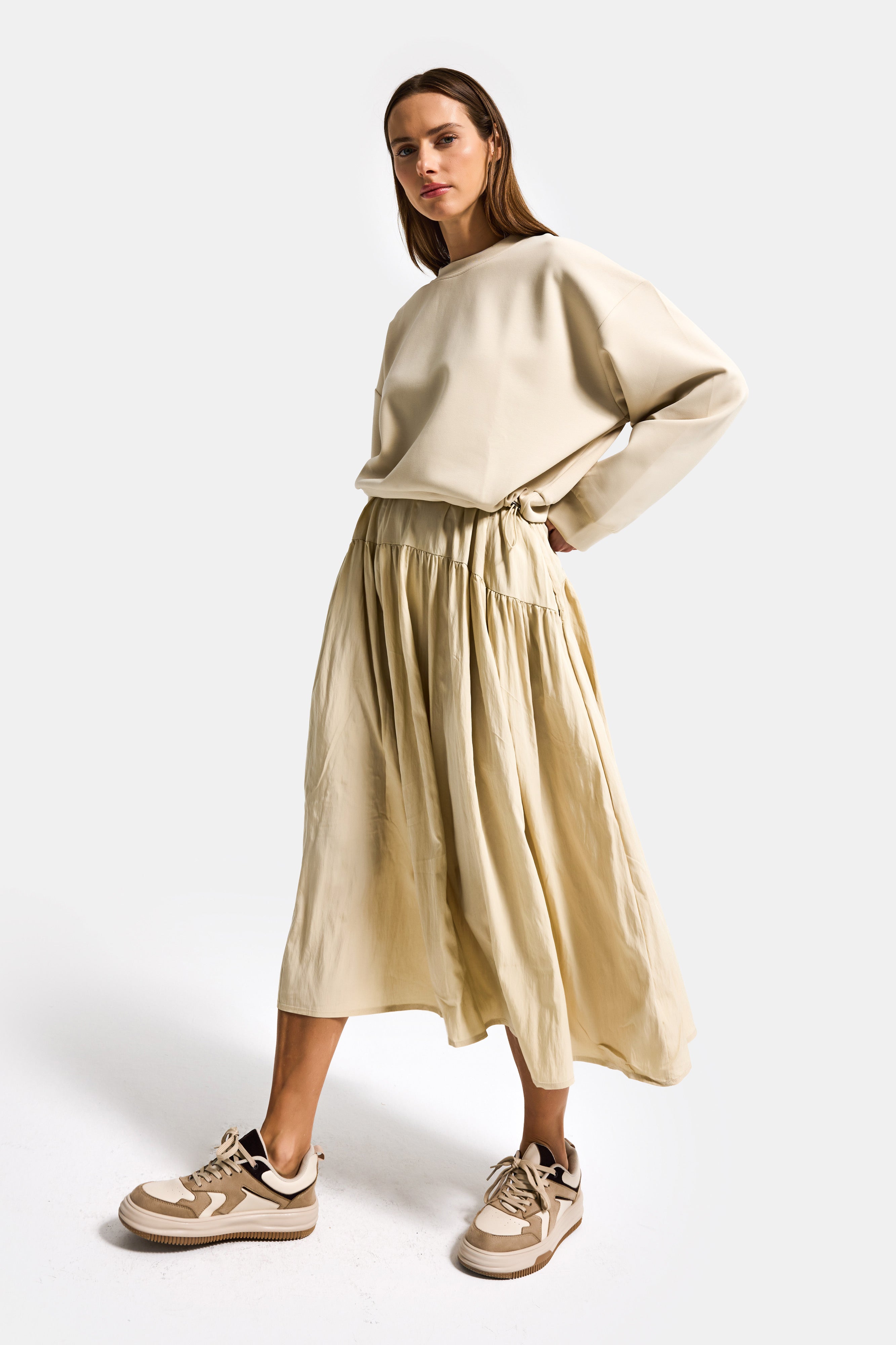 Kadın Bej w5 Sweatshirt Etek Tek Parça Tasarım Elbise