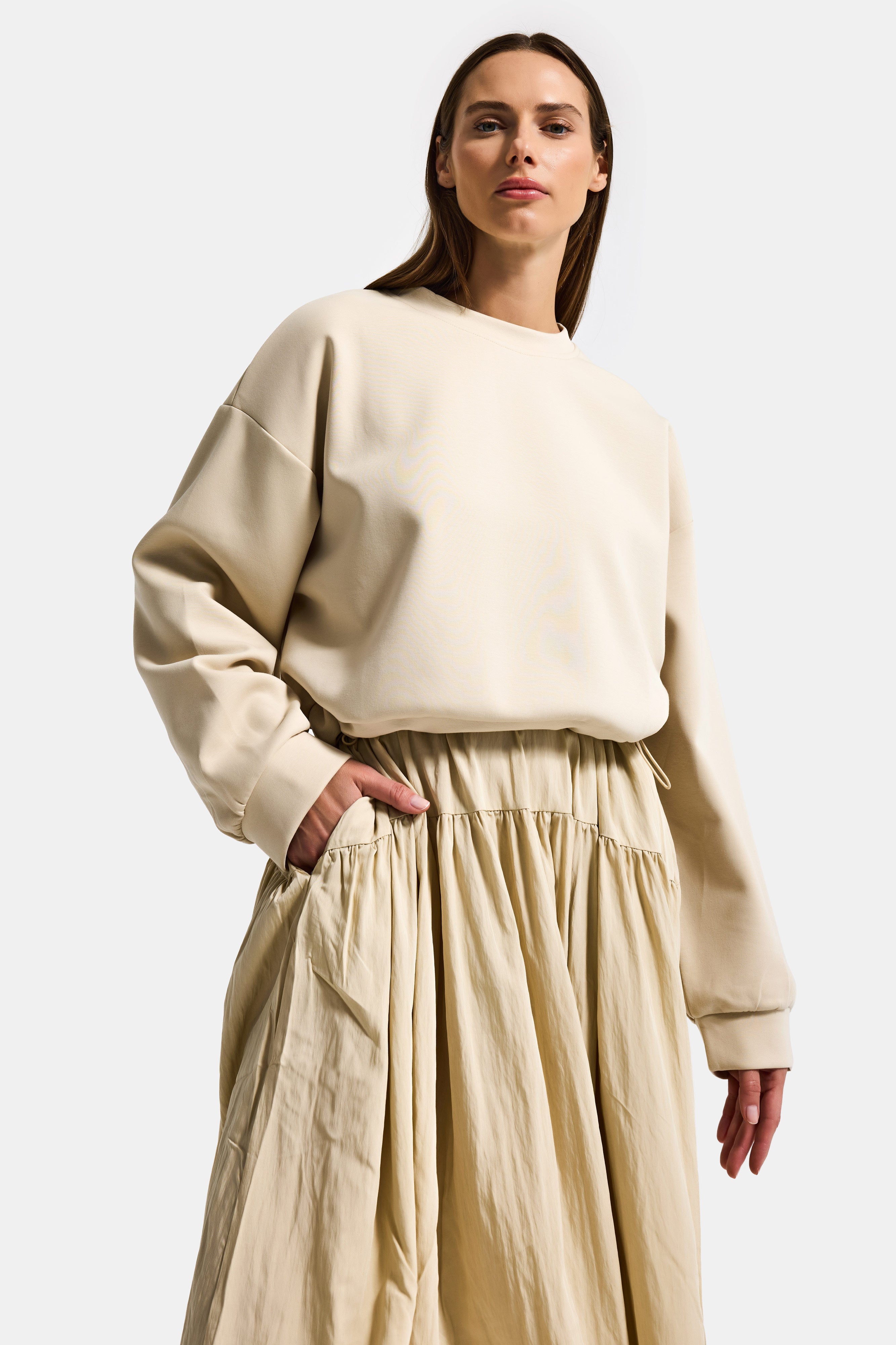 Kadın Bej w5 Sweatshirt Etek Tek Parça Tasarım Elbise