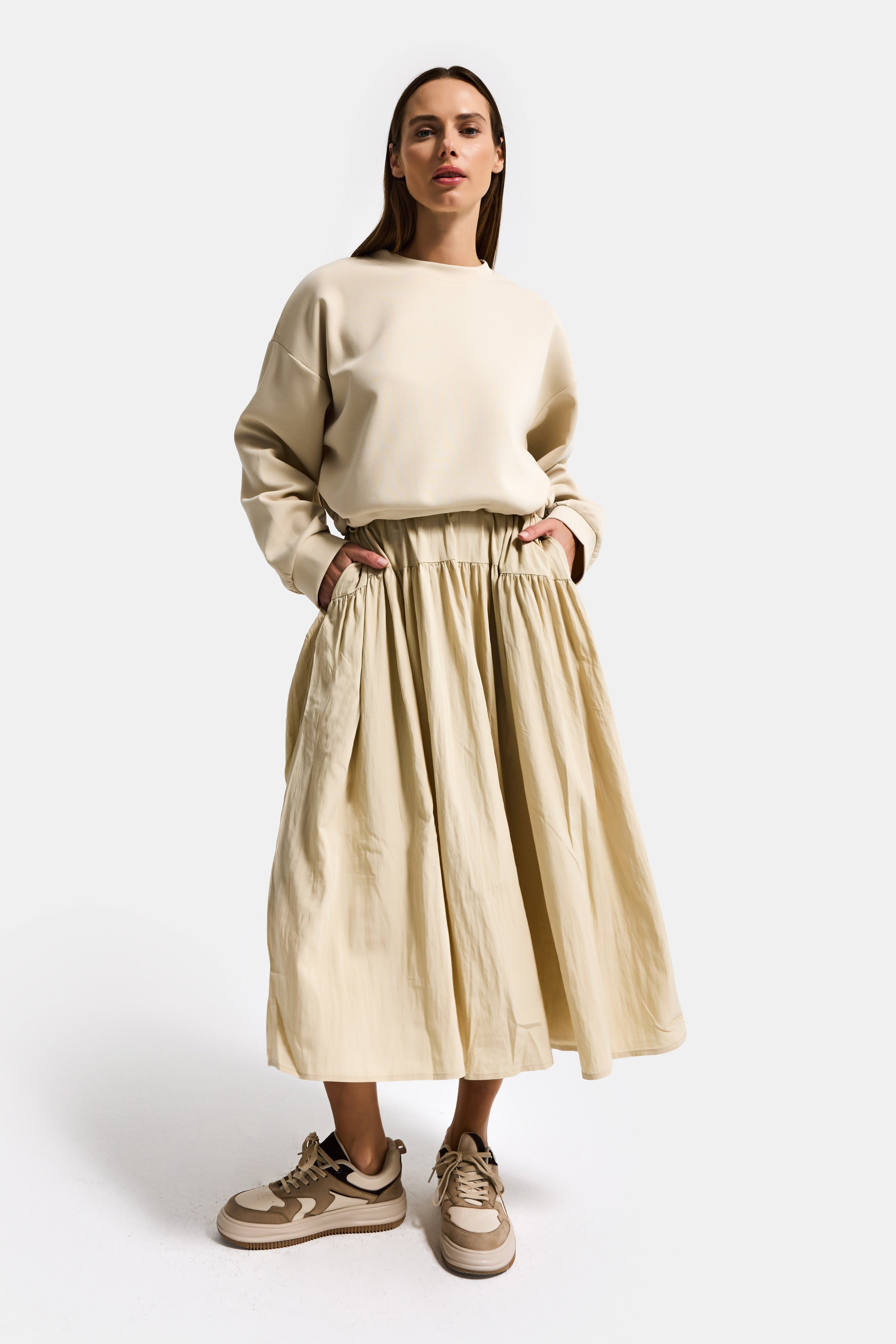 Kadın Bej w5 Sweatshirt Etek Tek Parça Tasarım Elbise