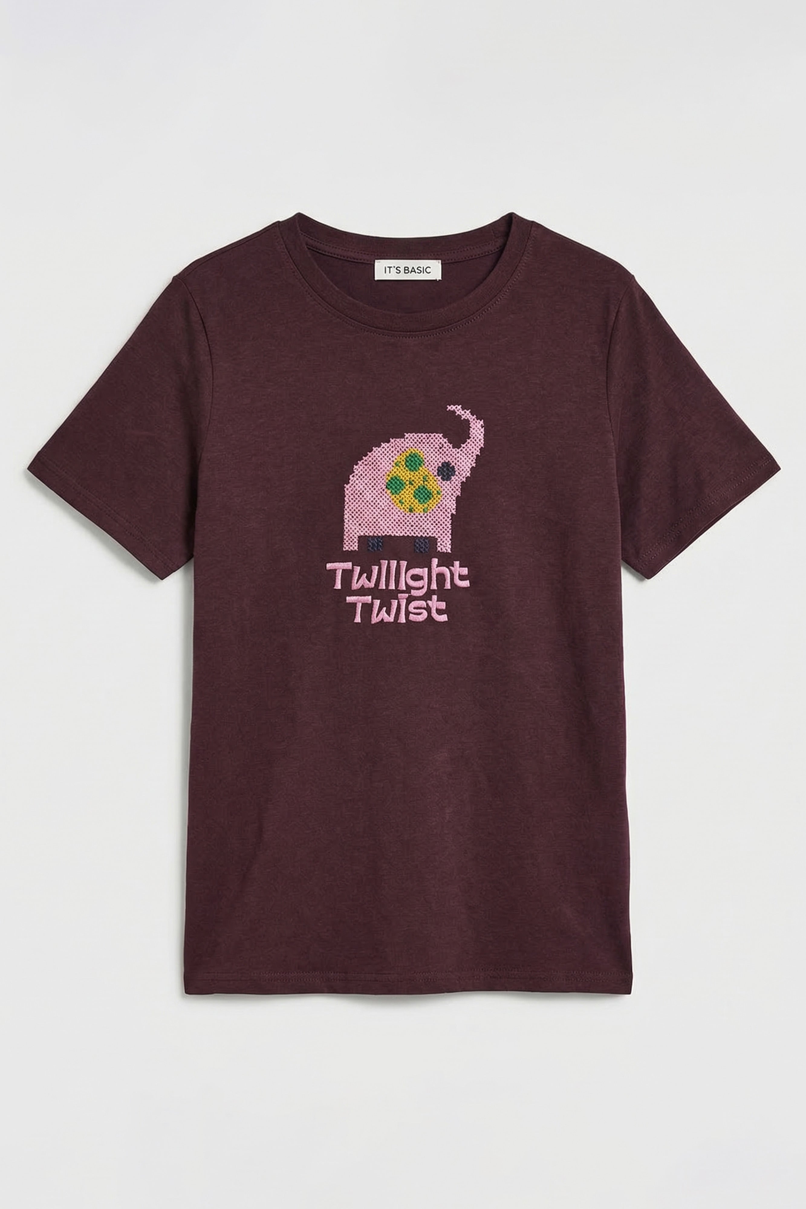Kadın Kahve Bordo Renk w5 Nakış Detaylı Oversize Tasarım T-Shirt