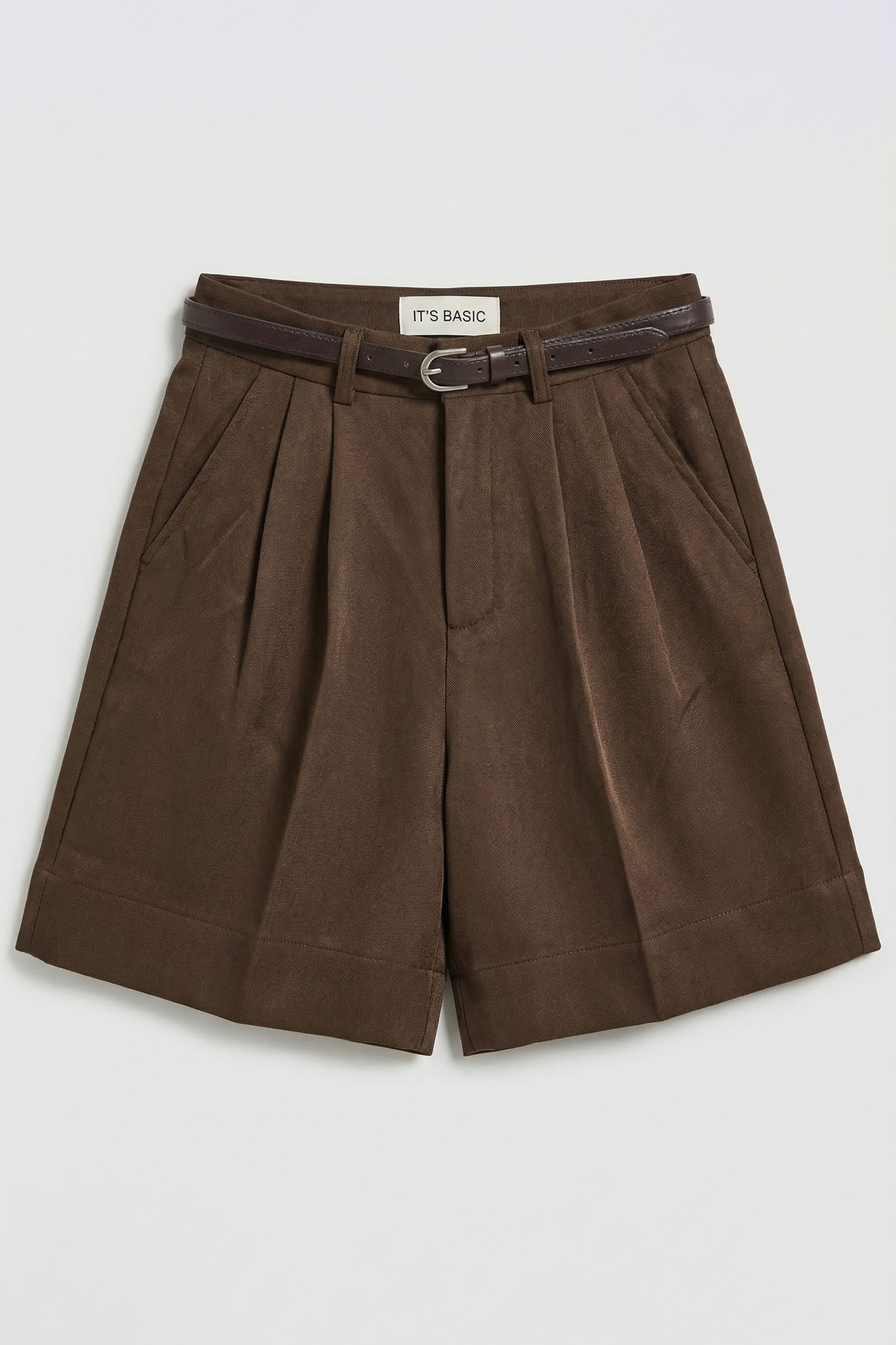 Kadın Kahve w5 Kemerli Pileli Organik Koton Kumaş Midi Boy Şort