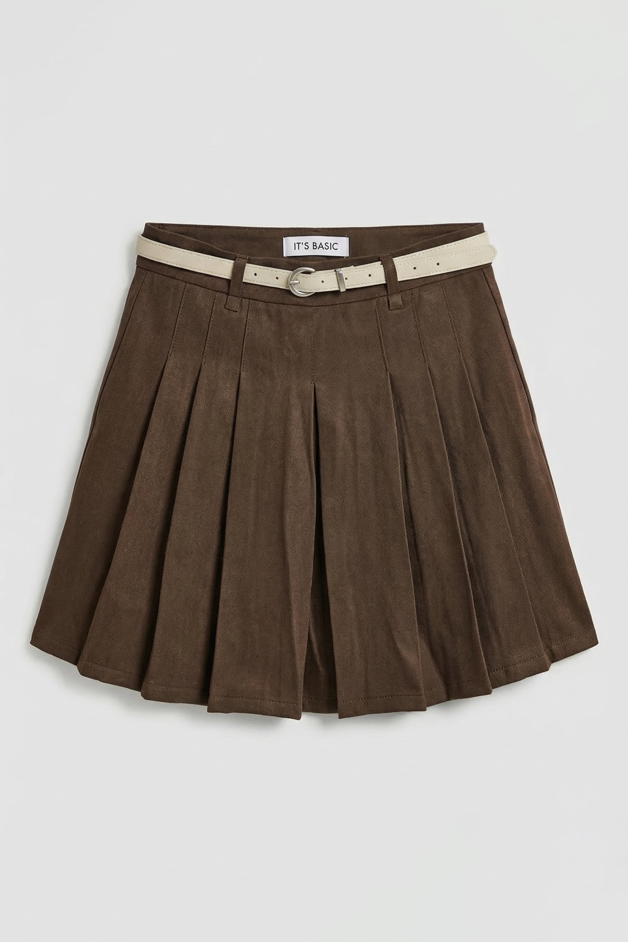 Women's Coffee w5 Belted Pleated Organic Cotton Fabric Mini Skirt with Shorts Inside