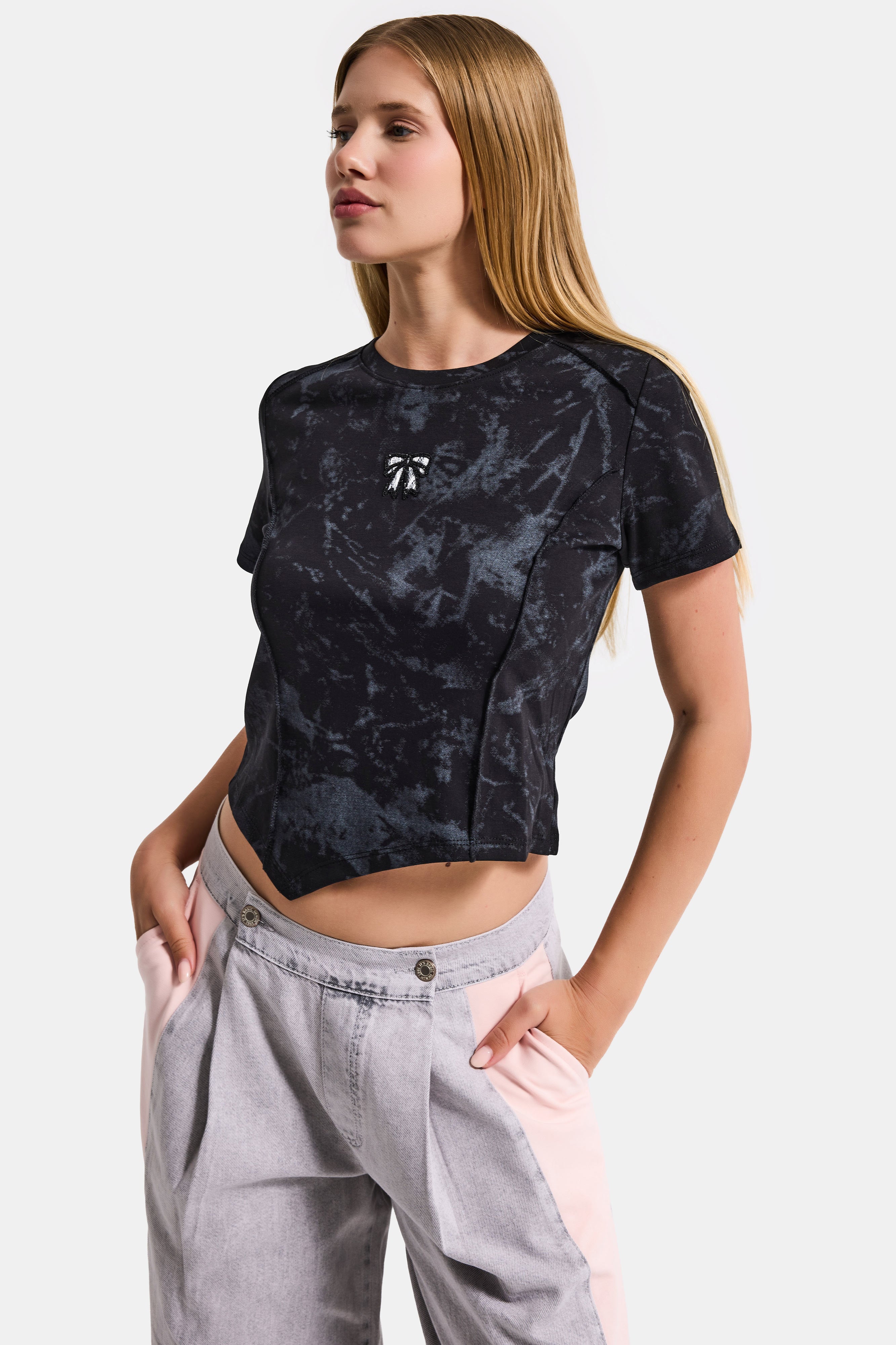 Kadın Siyah w5 Özel Kumaş Elastan Crop Top