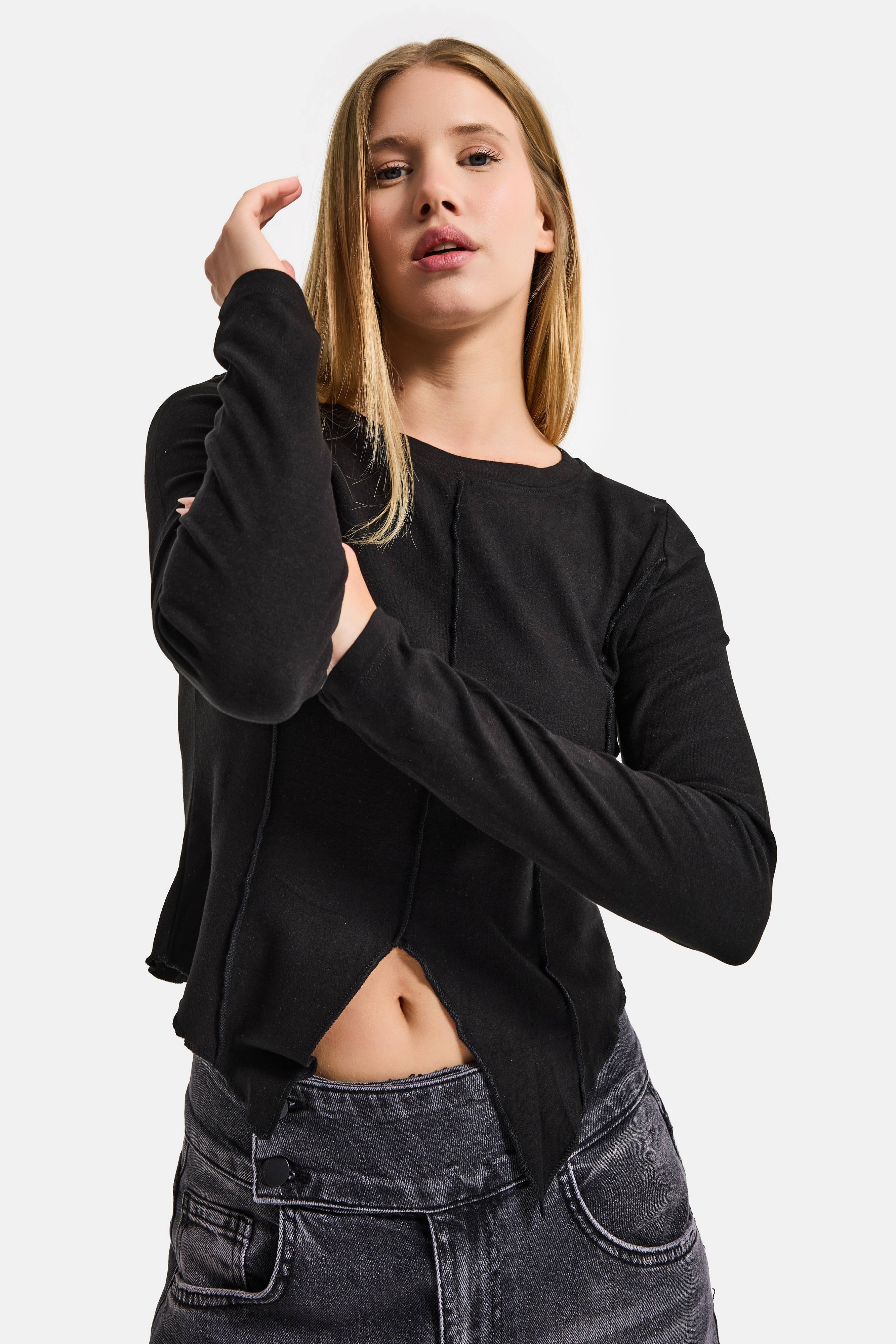 Kadın Siyah Renk w5 Asimetrik Kesim Crop Fit Tasarım Body