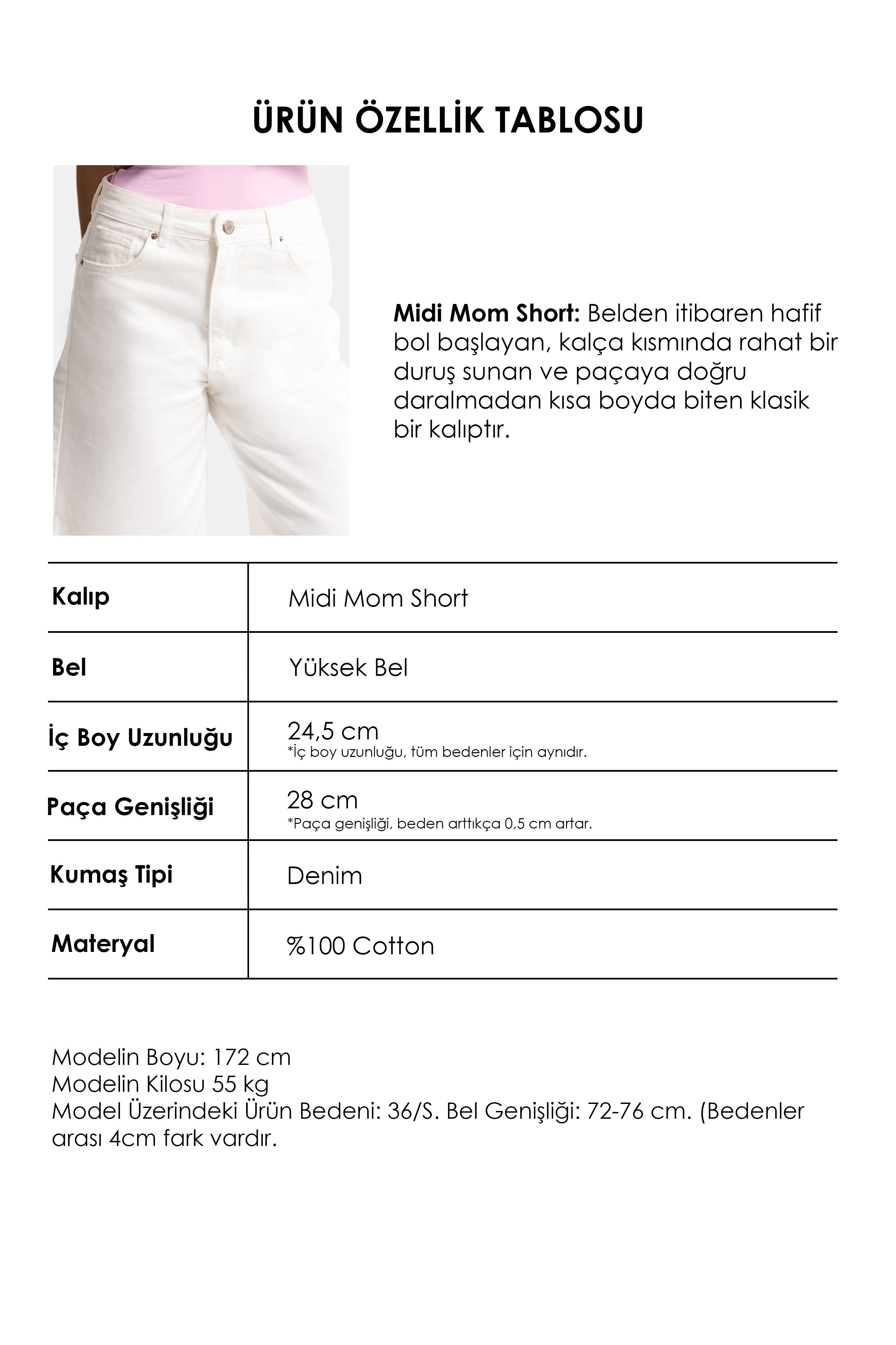 Kadın Kırık Beyaz 7s6-101 Mom Midi %100 Koton Denim Şort