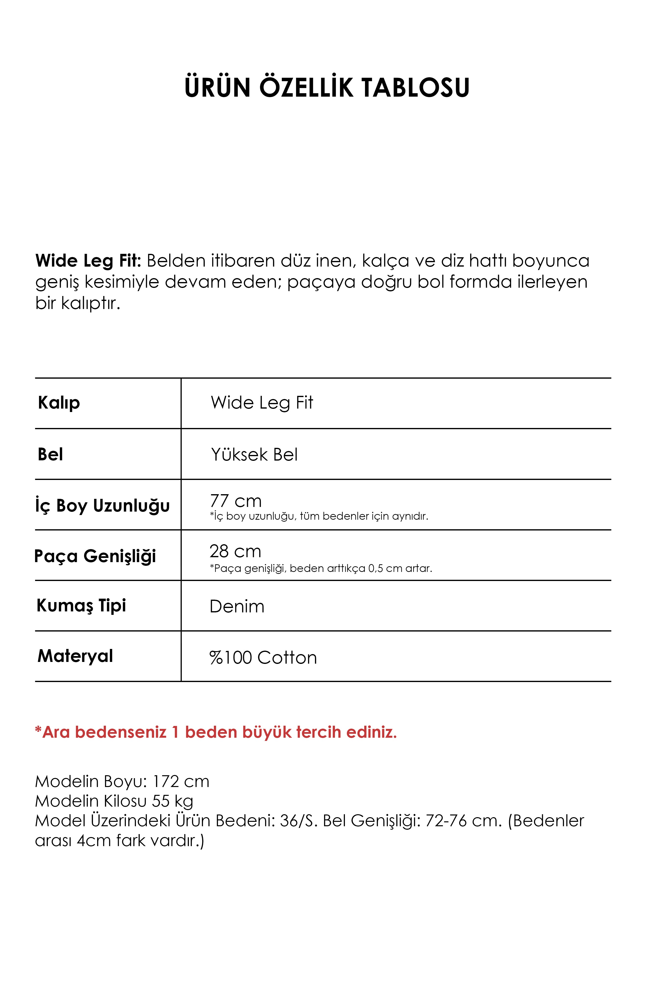 Kadın Koyu Tint Renk Olea 2w5-10 Wide Leg Fit Yüksek Bel İç Boy 77cm %100 Koton Denim Jean