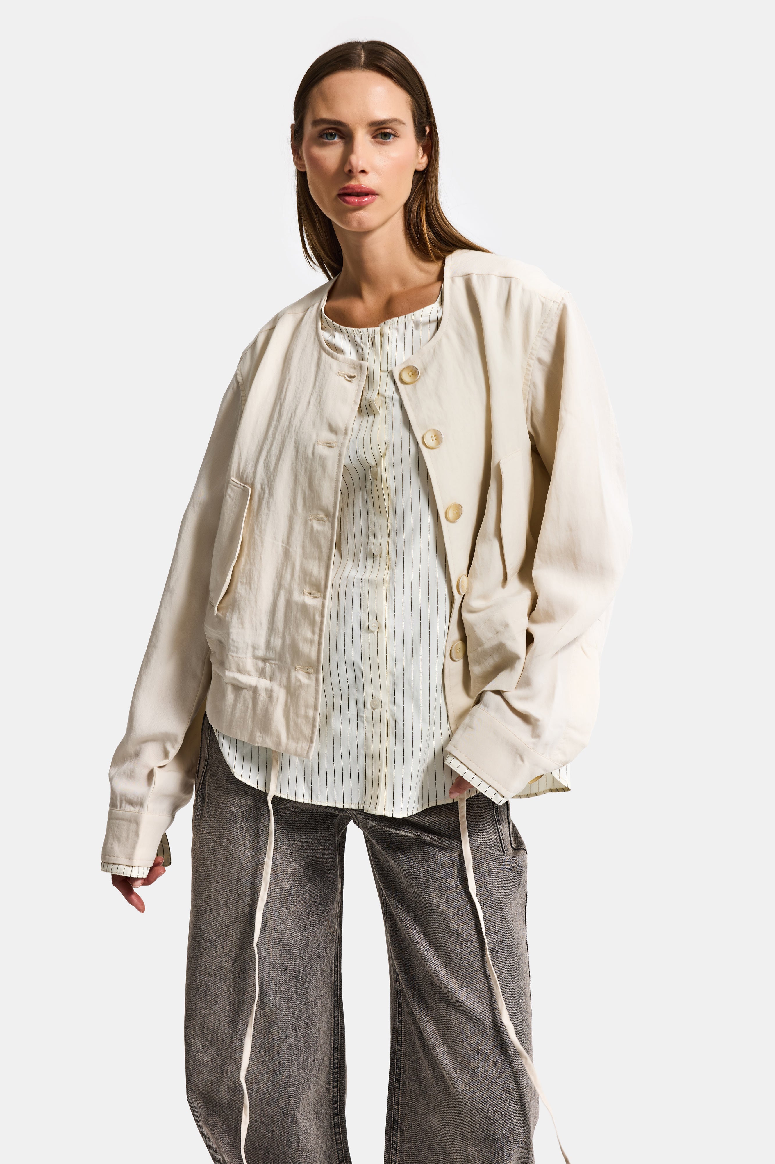 Kadın Bej Sarı w5 Bol Kesim Düğmeli Özel Tasarım Çift Parça Yazlık Ceket