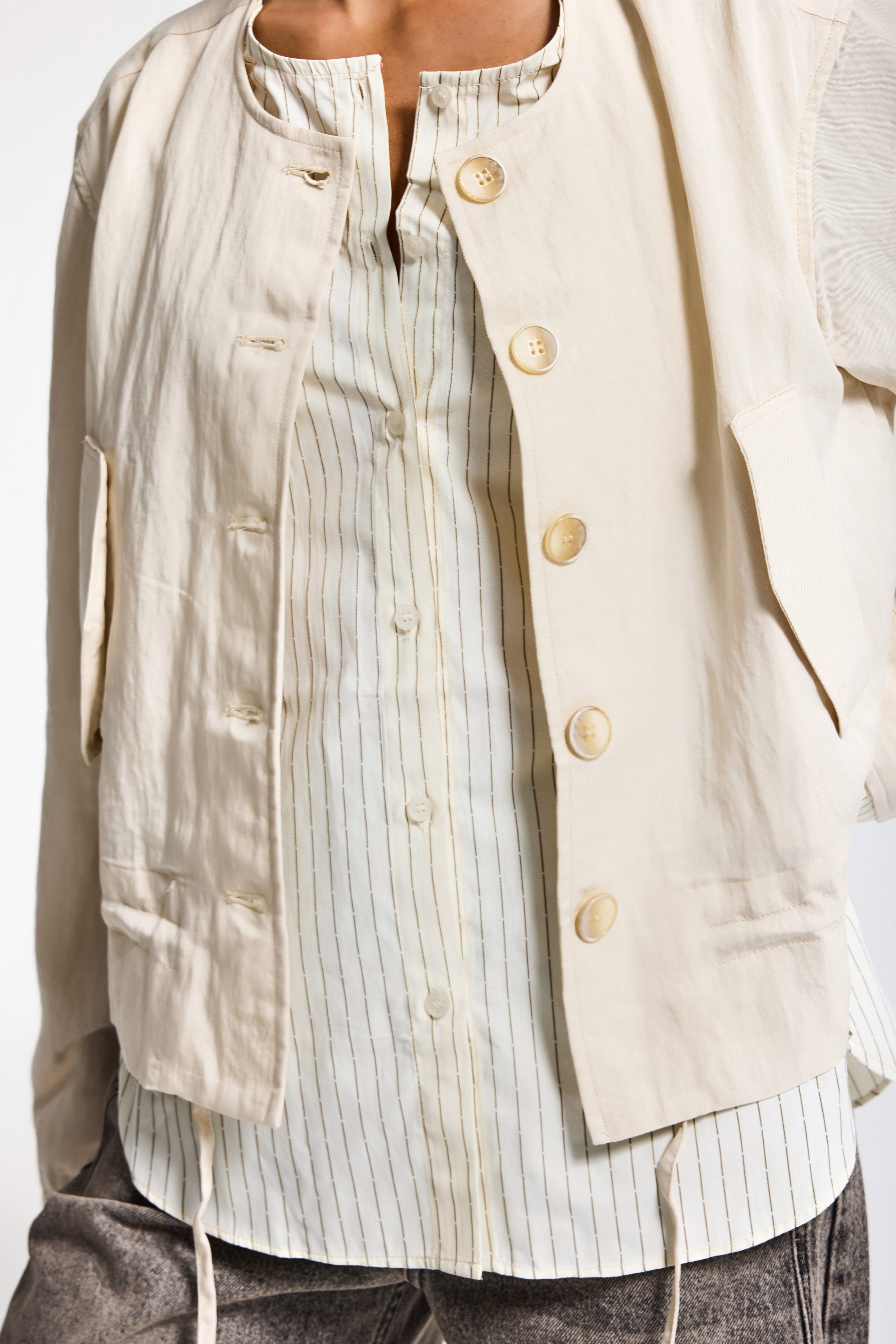 Kadın Bej Sarı w5 Bol Kesim Düğmeli Özel Tasarım Çift Parça Yazlık Ceket