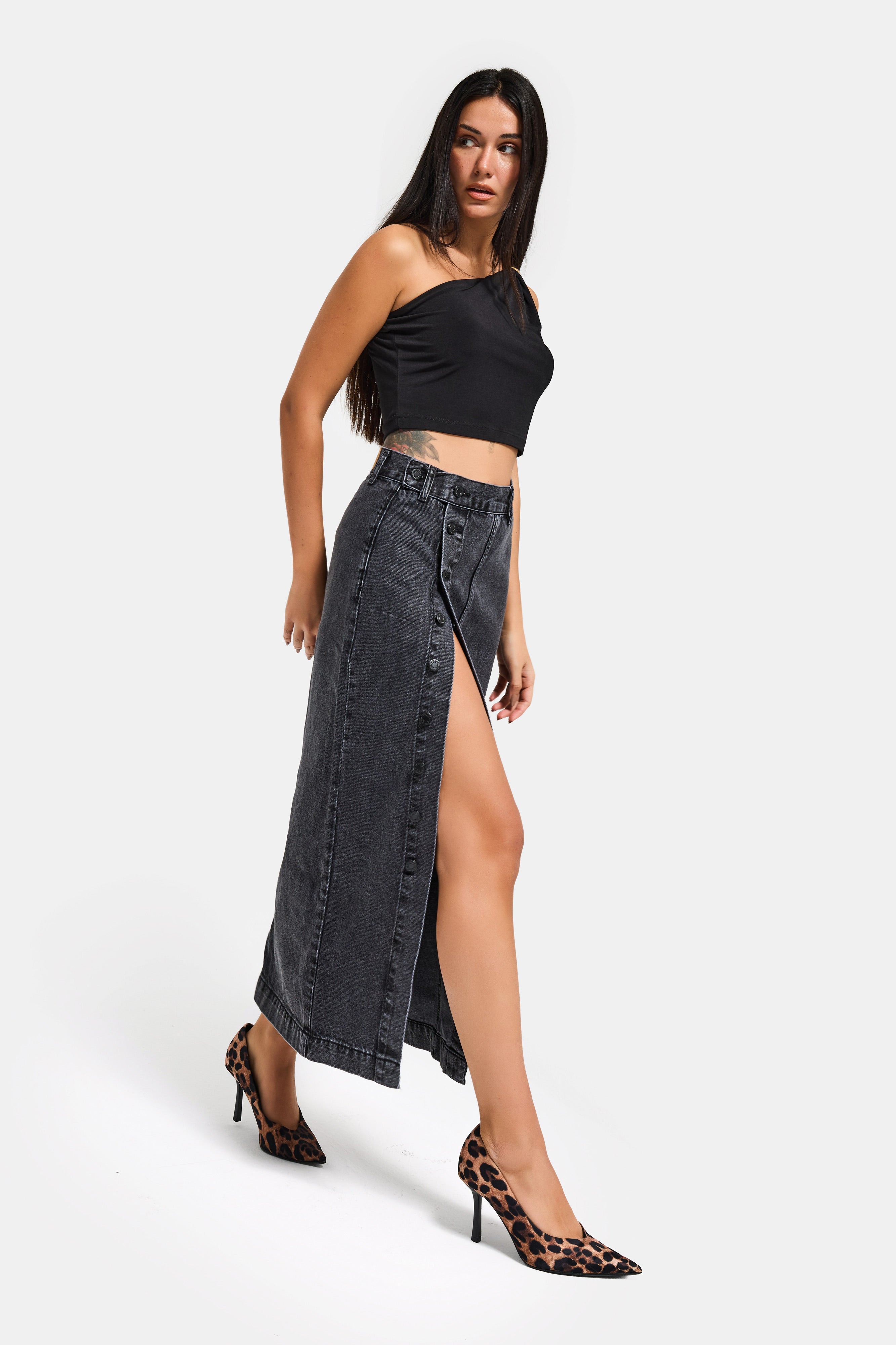 Women's Gray Smoke Color Front Buttoned Maxi Length Denim Skirt