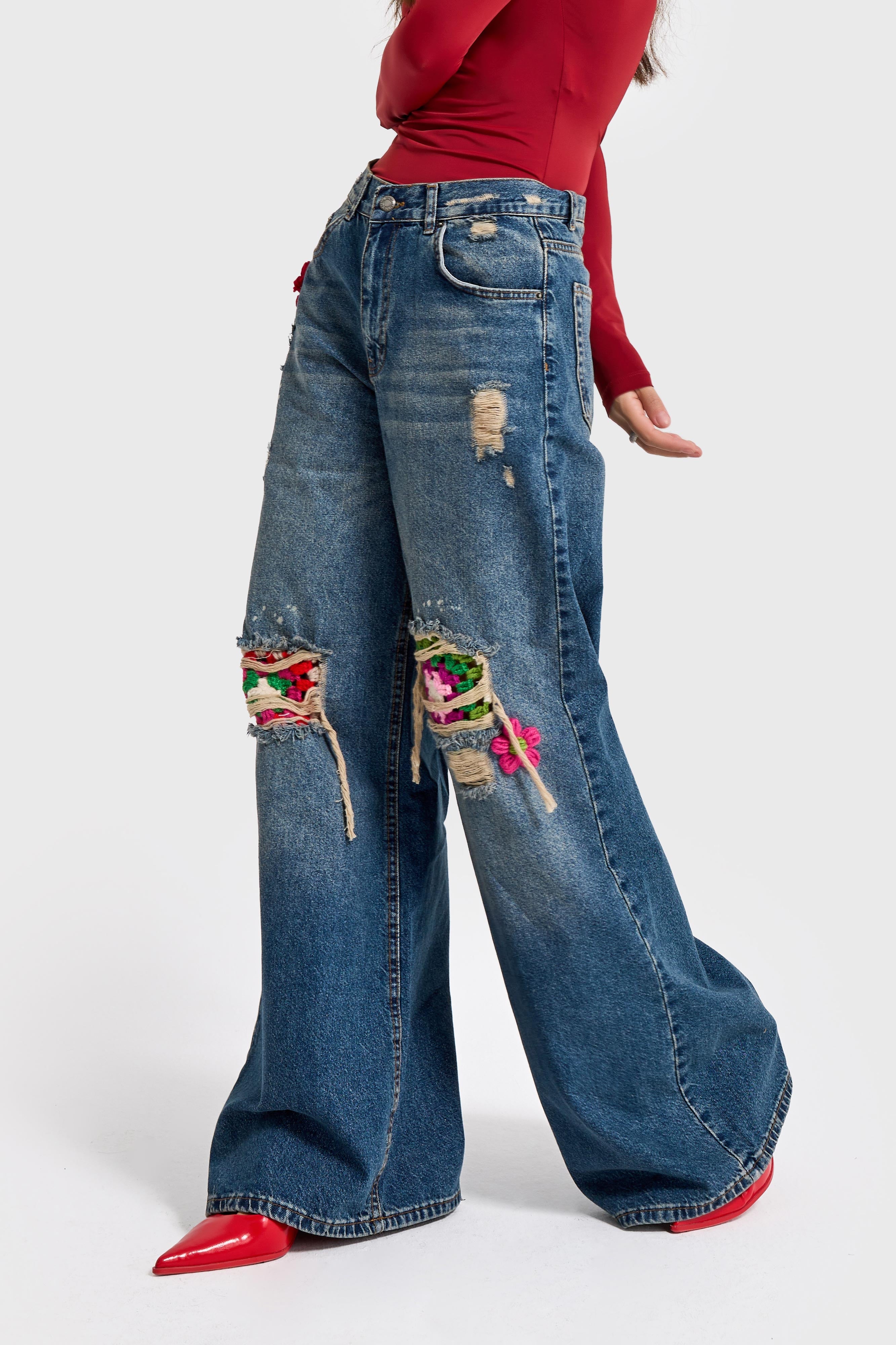 Kadın Kot Rengi Etnik Desenli Palazzo Fit Tasarım Denim