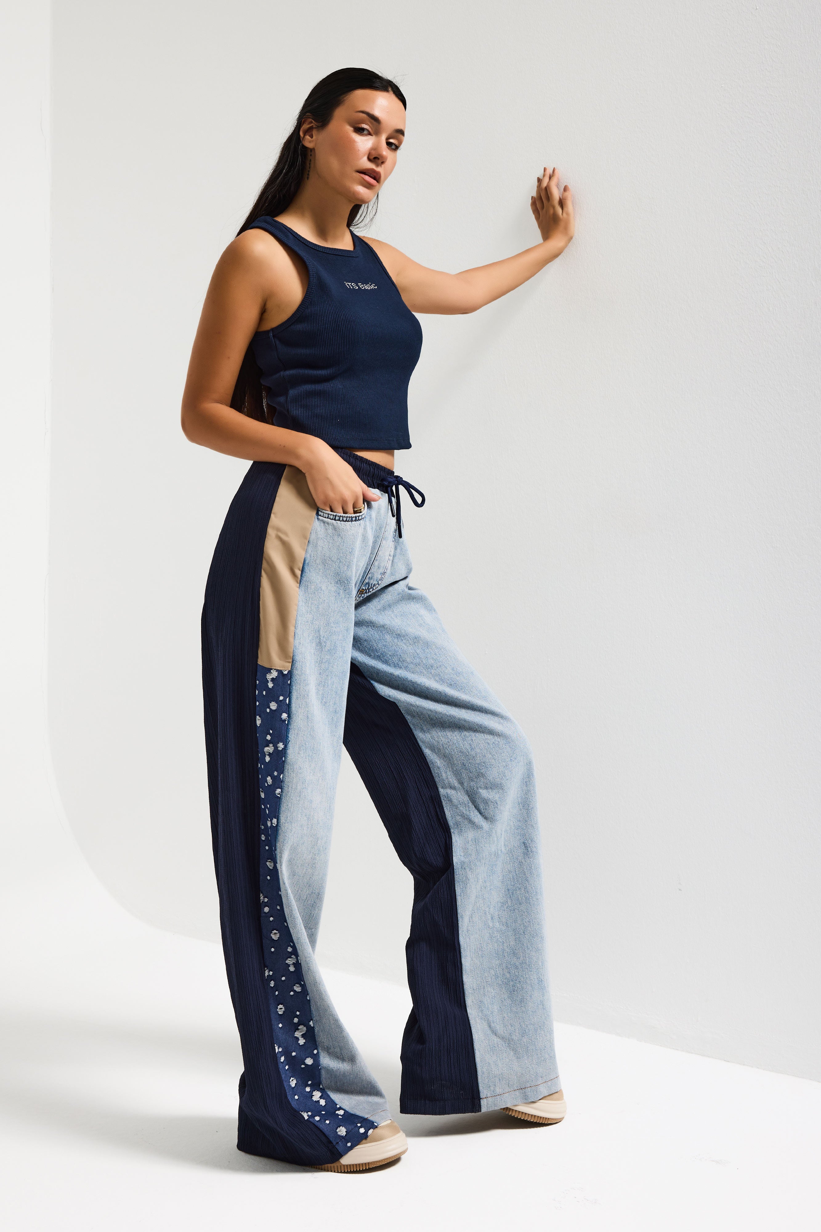 Kadın Kot Rengi Kumaş Denim Parçalı Bol Kesim Tasarım Denim Pantolon