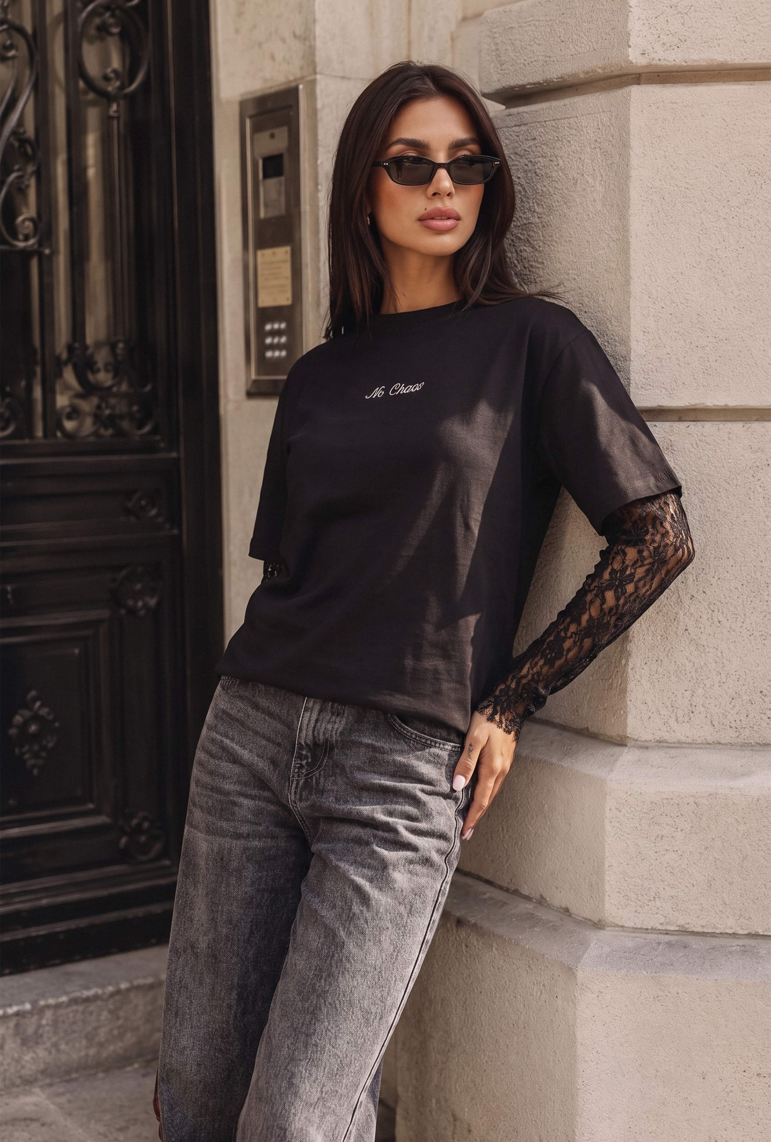 Kadın Siyah w6-1 Oversize Dantel Detaylı Uzun Kollu Tasarım T-Shirt