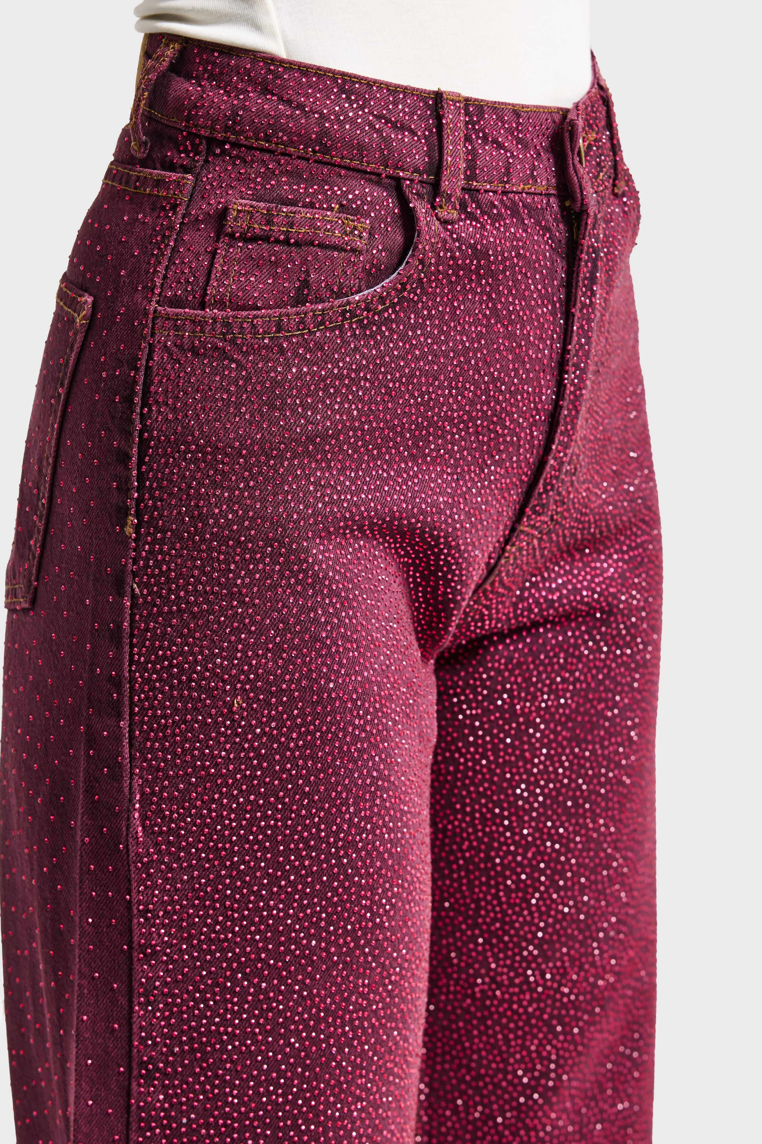 Kadın Bordo Renk T3-20w5-98 Straight Fit Yüksek Bel Ön ve Arka Parlak Taşlı Özel Tasarım Denim Jean