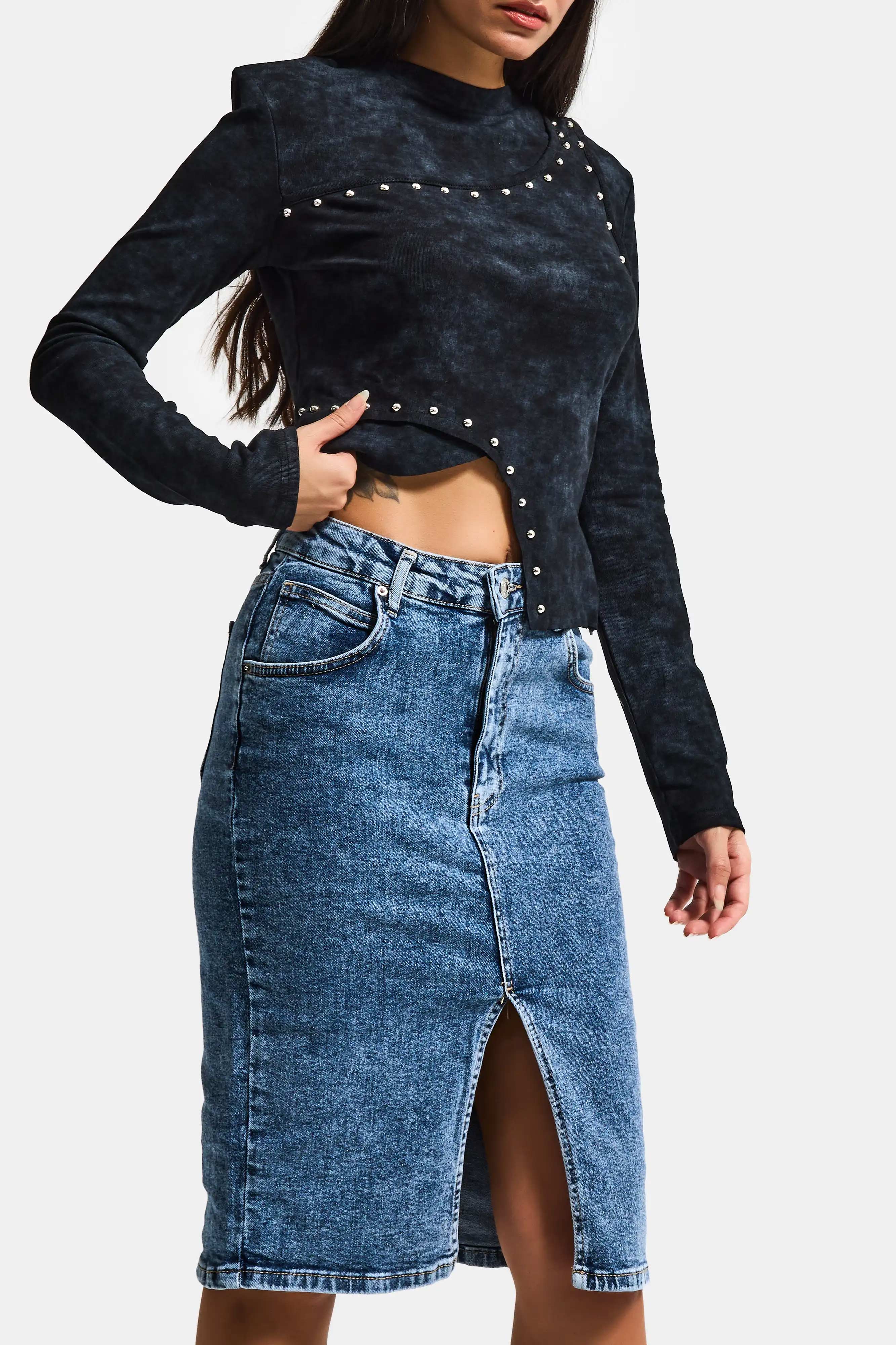 Kadın Snow Kot Rengi Erica Midi Boy Yüksek Bel Yırtmaçlı Jean Etek
